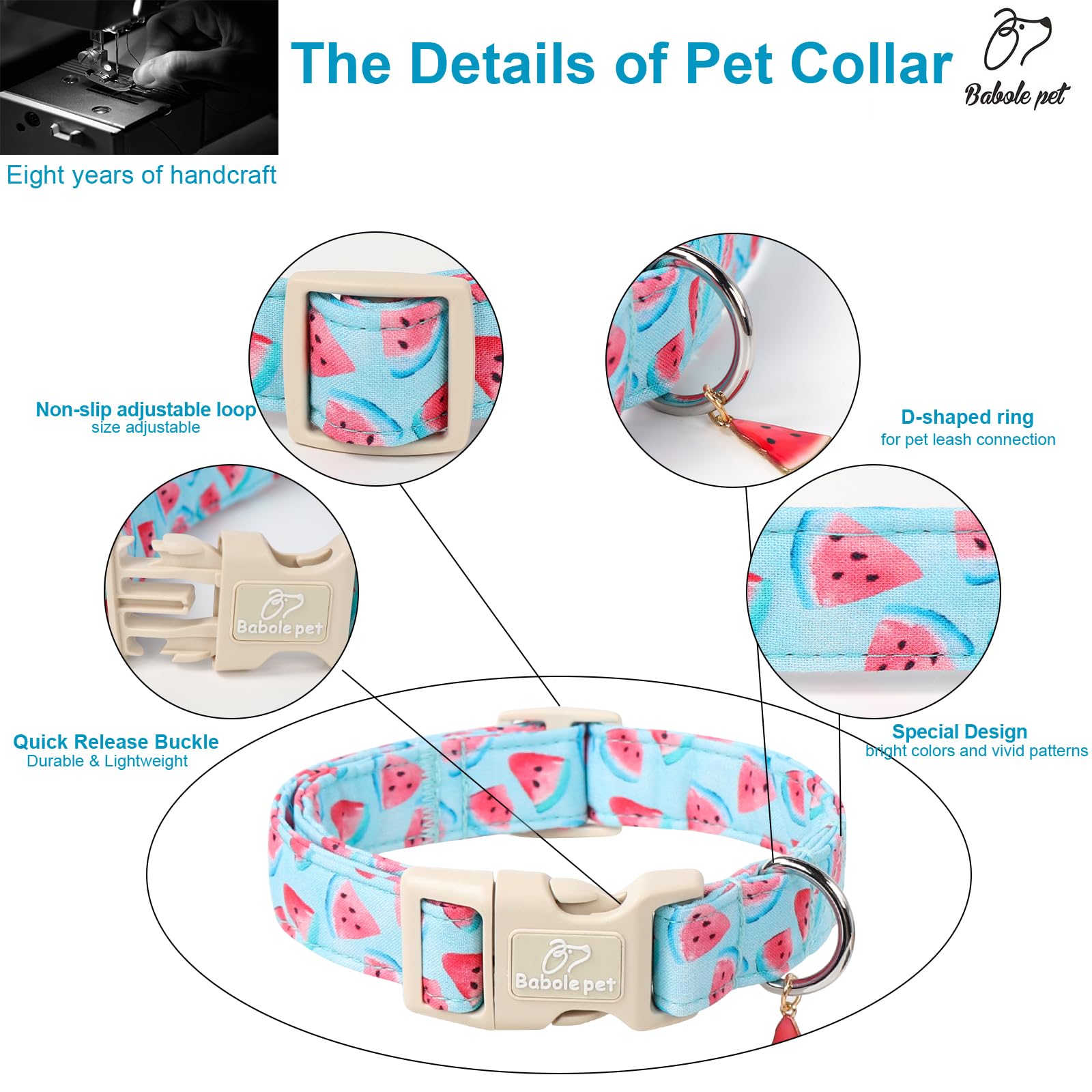 Babole Pet Adjustable Summer Dog Collar, Cute Watermelon Dog Collars For Medium Dogs, Lightweight Quick-Release Buckle Collar Fo