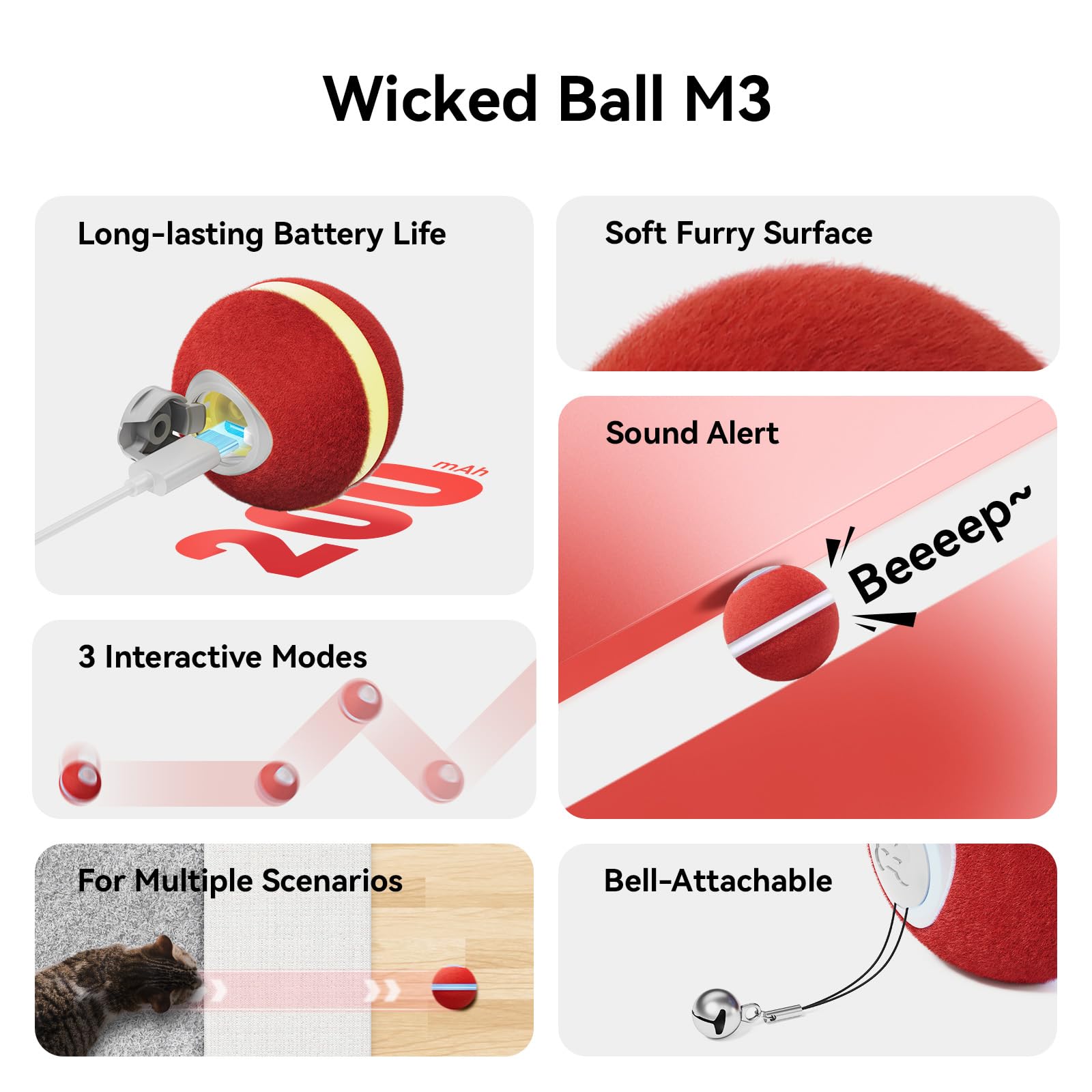 Cheerble Interactive Cat Ball Toy, Wicked Ball M3, Automatic Moving Smart Anti-Depression Pet Toy Fun Gift With Light
