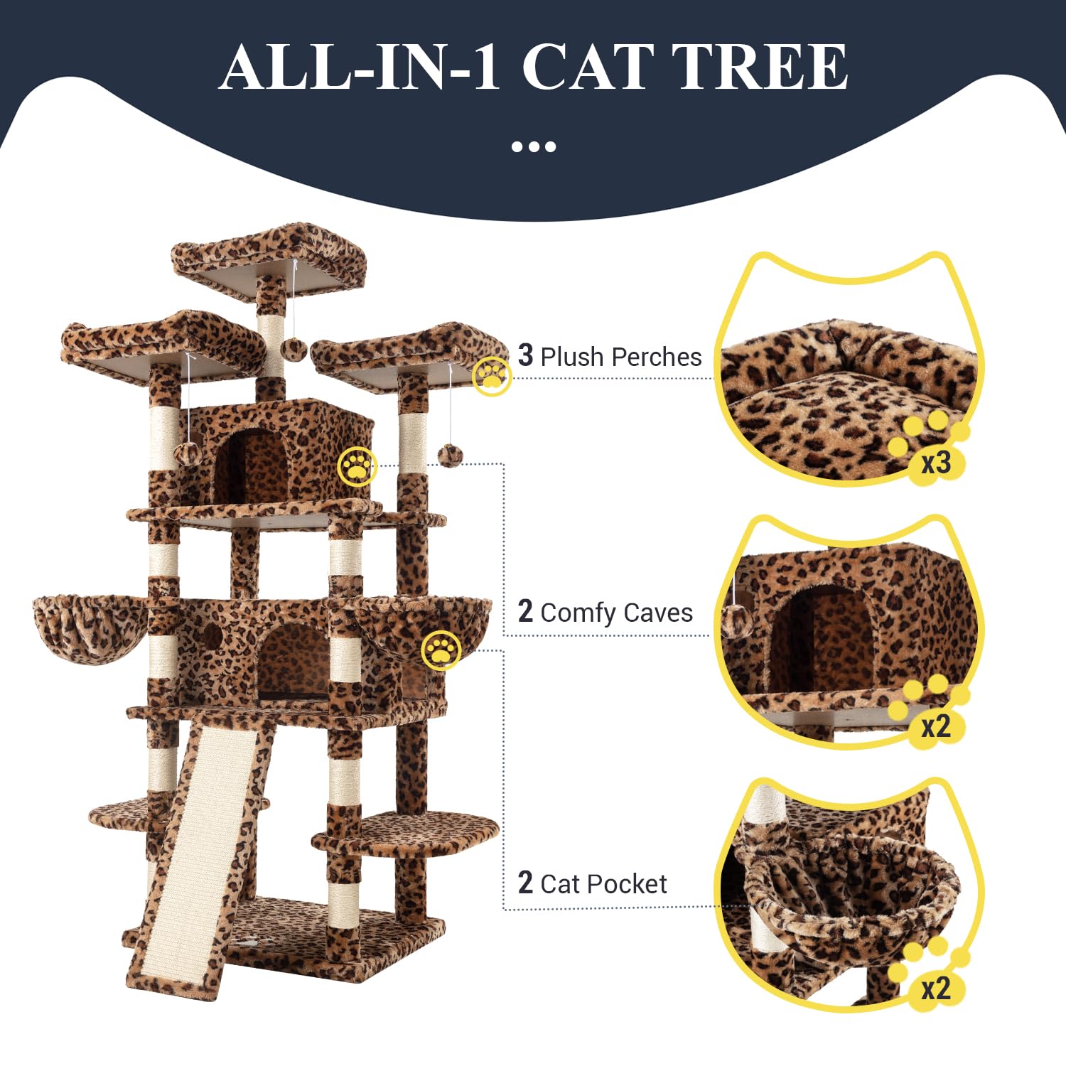 Allewie 68 Inches Cat Tree/House And Towers For Big Feline/Scratching Post/Multi-Level Large Kitty Climbing Tree With Condo/Leop