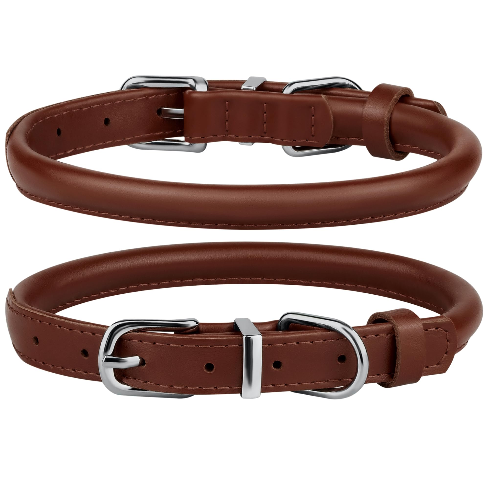 Bronzedog Rolled Leather Dog Collar For Small Medium Large Dogs With Qr Id Tag (L: 16-18 Inch, Chocolate Brown)