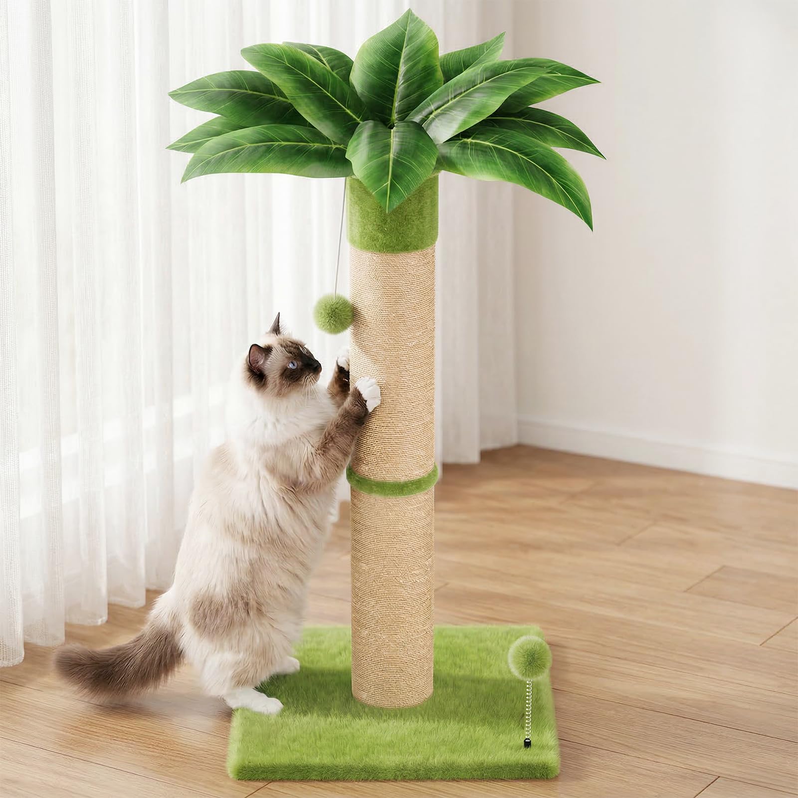 XiaZ Cat Scratching Post 34'' Tall, Cat Tower Scratcher Extra Wide 15.8 Stable Base with 4 Non-Slip Pads, 2 Toy Balls, Natural S