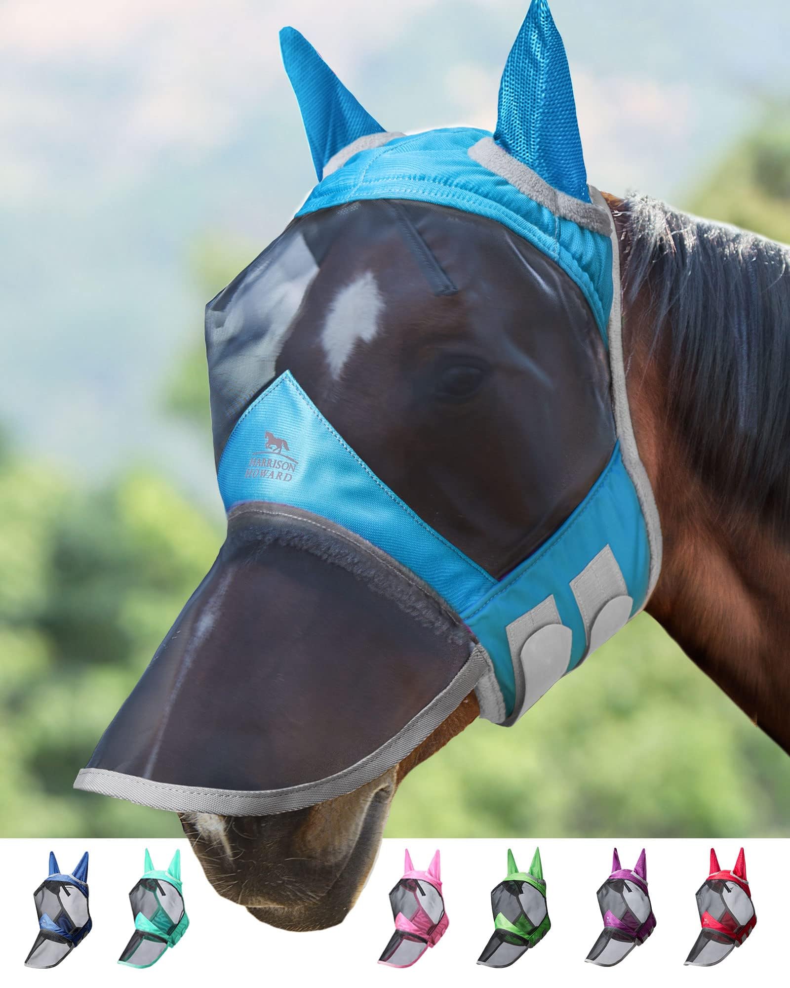 Harrison Howard CareMaster Pro Luminous Horse Fly Mask Large Eye Space Long Nose with Ears UV Protection for Horse Sky Blue S Po