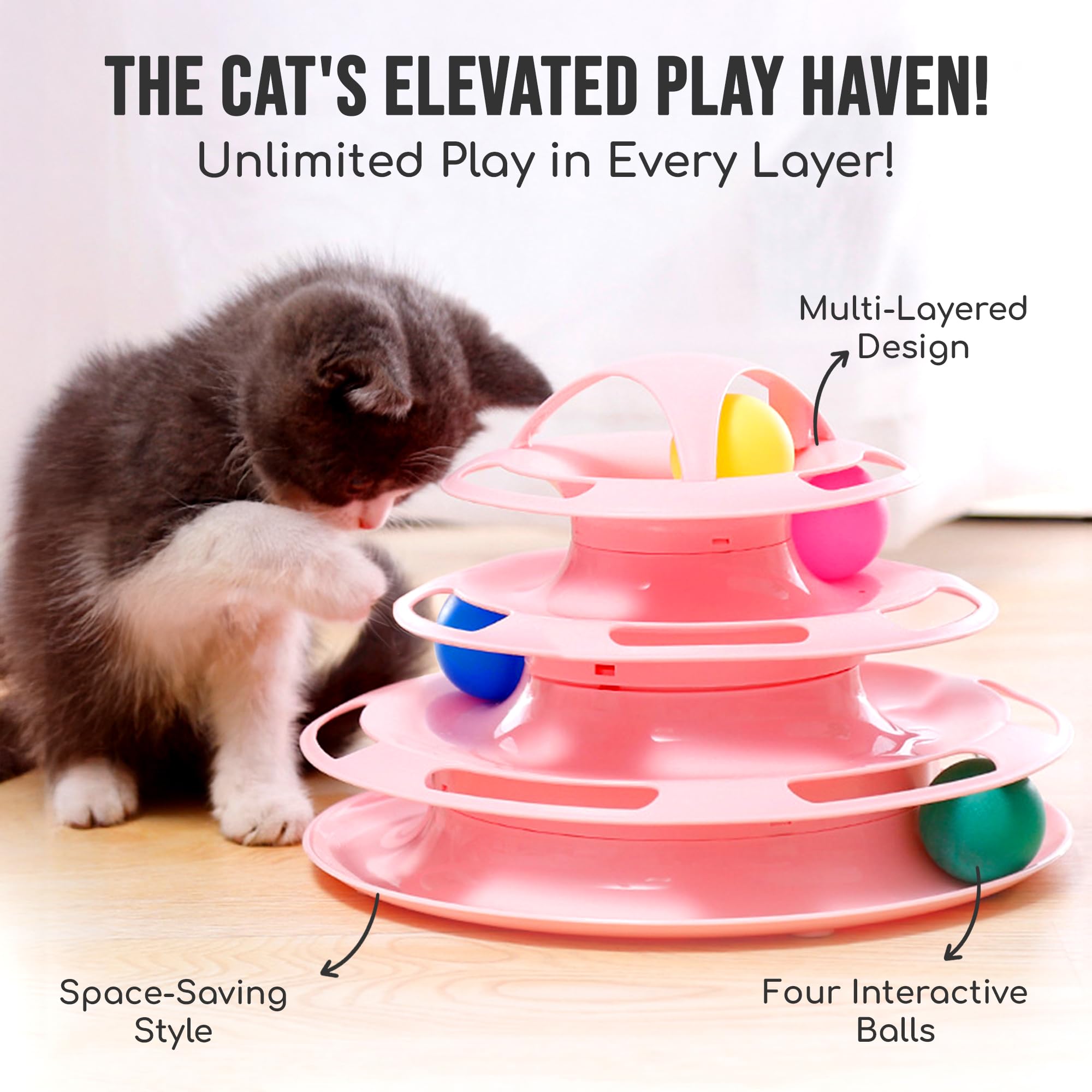 SunGrow Pink Cat Toys for Bored Indoor Adult Cats, 4-Tier Cat Toy Roller, Pet Puzzle Toy, Cat 4 Ball Track with Non-Slip Grip, I