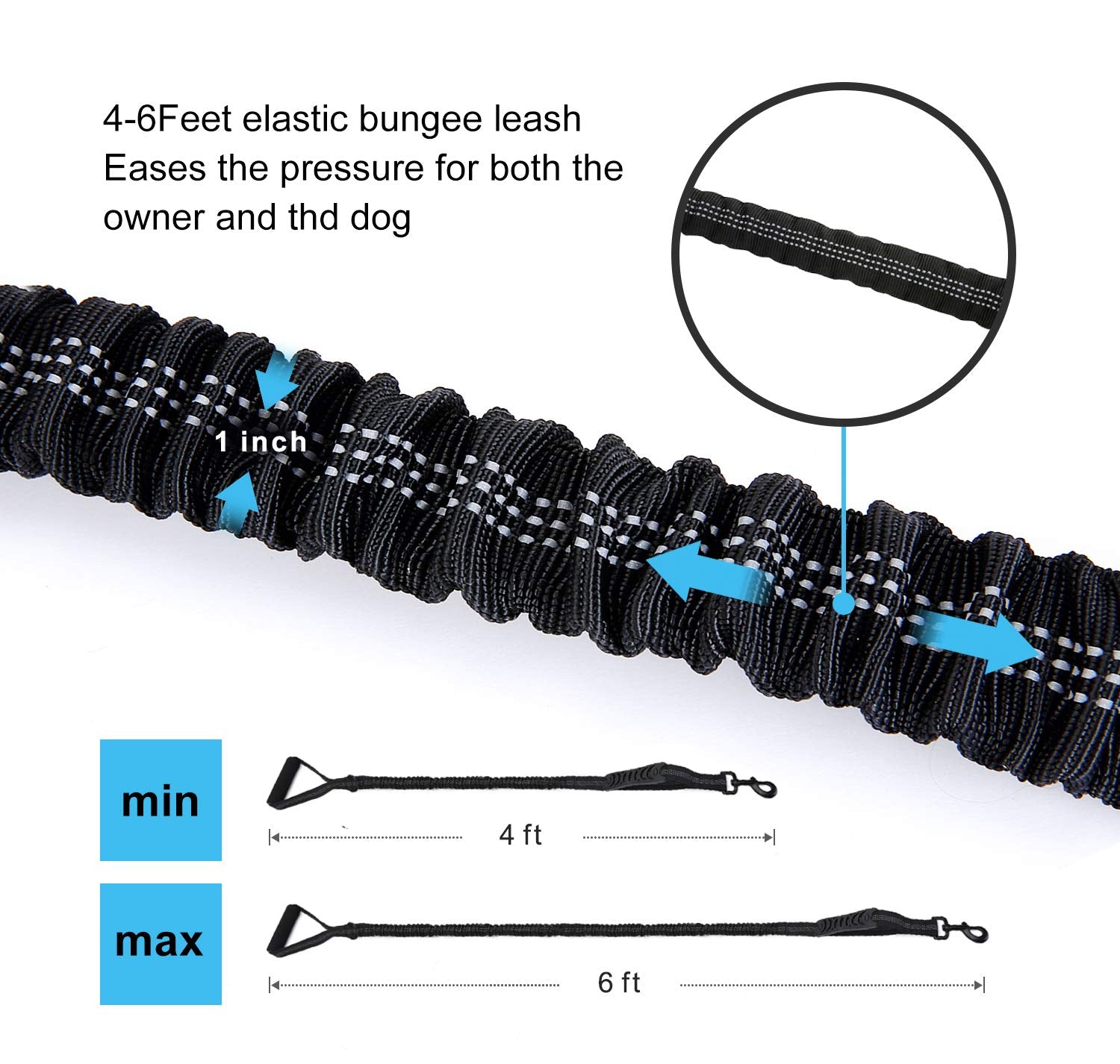 LEADSOM 6FT Dog Leash, Heavy Duty Elastic with Shock Absorbing Padded Handle, Black Nylon for Medium and Large Dogs