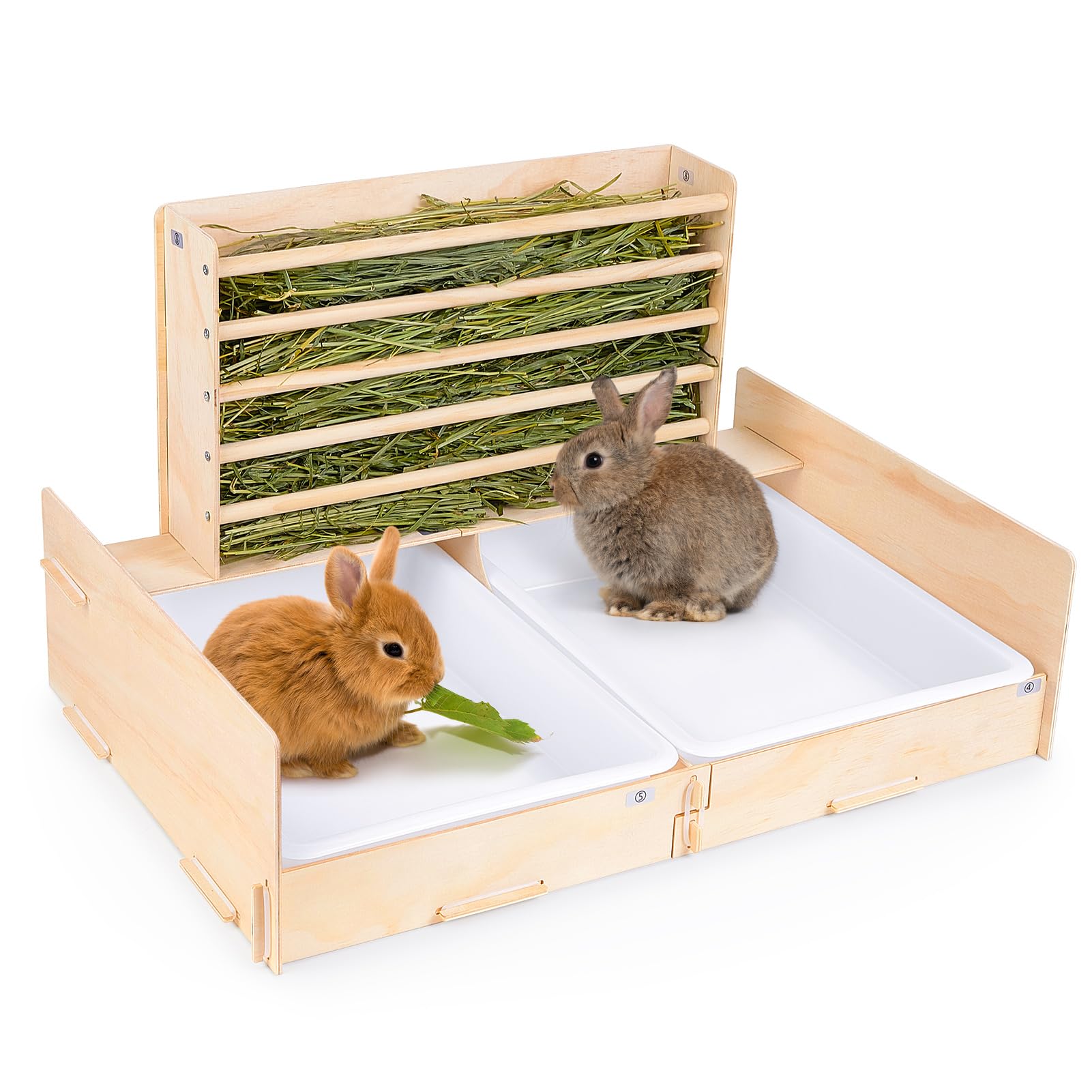 Glittme 2 In 1 Rabbit Litter Box With Hay Feeder Wood Mess Proof Bunny Litter Box With 2 Basins For Dwarf Rabbit, Bunny