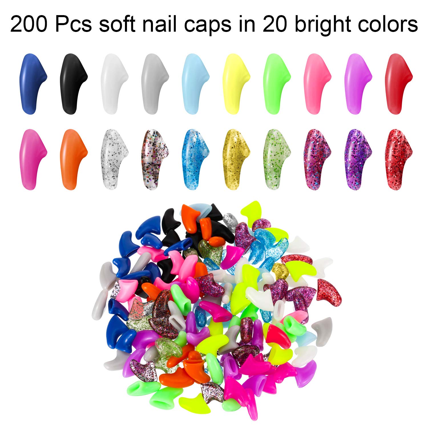 Willbond 200 Pieces 20 Color Cat Claw Caps With 10 Pcs Adhesive Glues And 10 Pcs Applicators Cat Claw Covers Cat Nail Tips With Instruction For Pets Cats