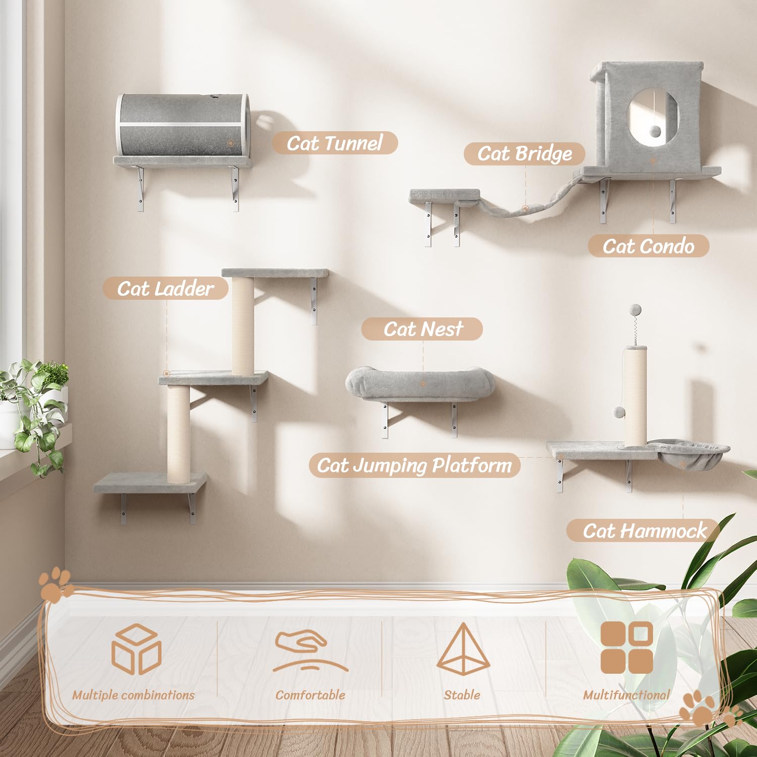 NUNU LAB 7-in-1 Wall Mounted Cat Climber Set, Cat Furniture Set with House, Tunnel, Bridge, Tree, Steps, Scratcher Board, Hammoc