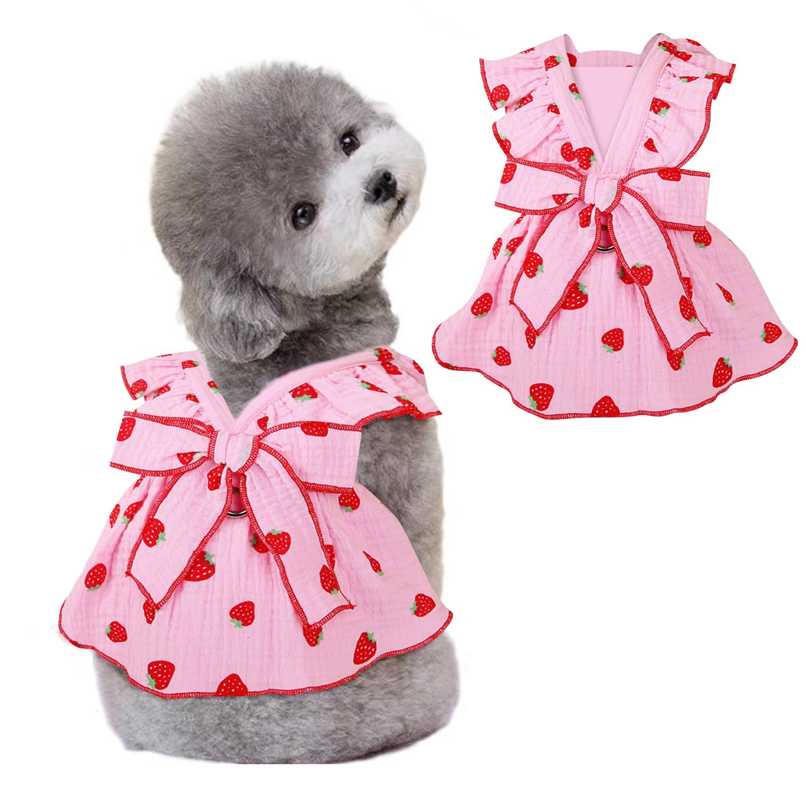 Dog Dresses For Small Dogs, 100% Cotton Girl Clothes With Leash Ring & Bow Decor, Cute Strawberry Print, Summer Cat Dresses For 