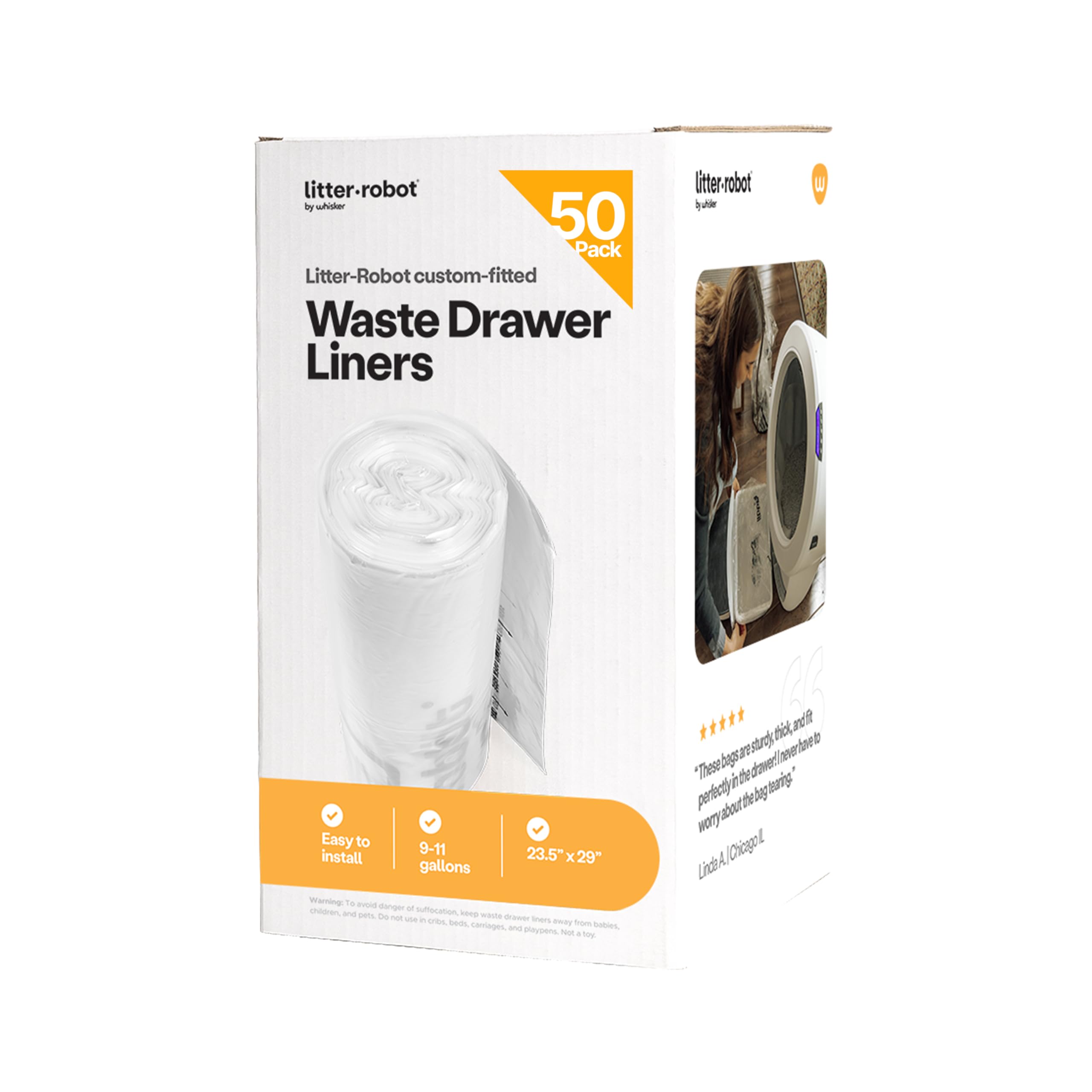 Litter-Robot Waste Drawer Liners By Whisker, 50 Pack - Litter Box Liners, Custom Fit For Litter-Robot, 9-11 Gallons Of Capacity,