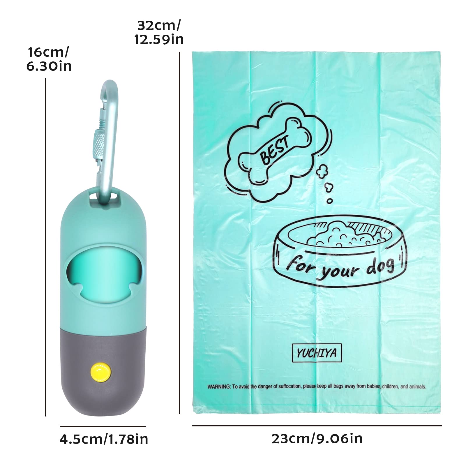 Dog Poop Bags Holder With Led Flashlight|Pet Waste Bags Dispenser For Leash|Doggie Potty Bags Container With Leak-Proof Pet Trash Bags And Accessories (1 Holder 15 Bags, Crystal Blue)