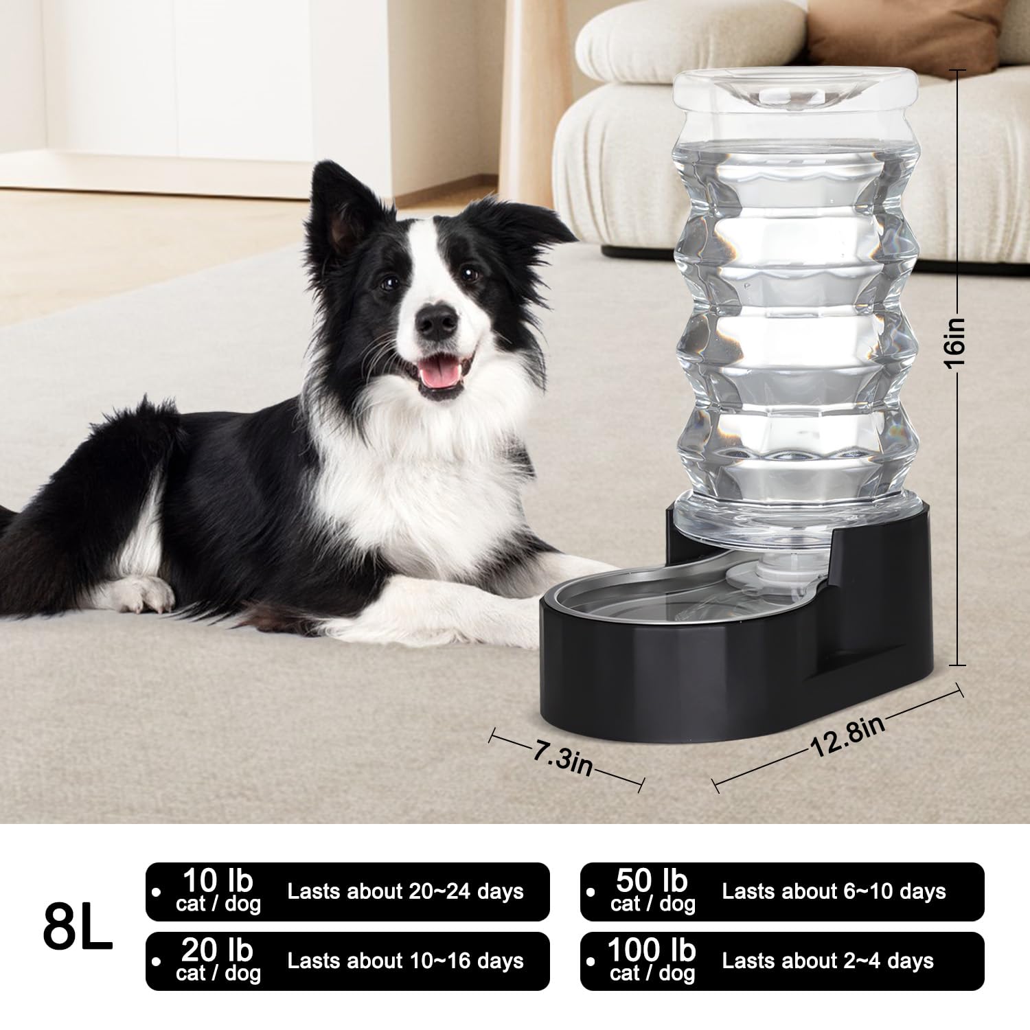 RIZZARI Dog Water Dispenser Bowl: 8L Large Black Stainless Steel Automatic Pet Dispenser with Triple Filter and Specialized Brus