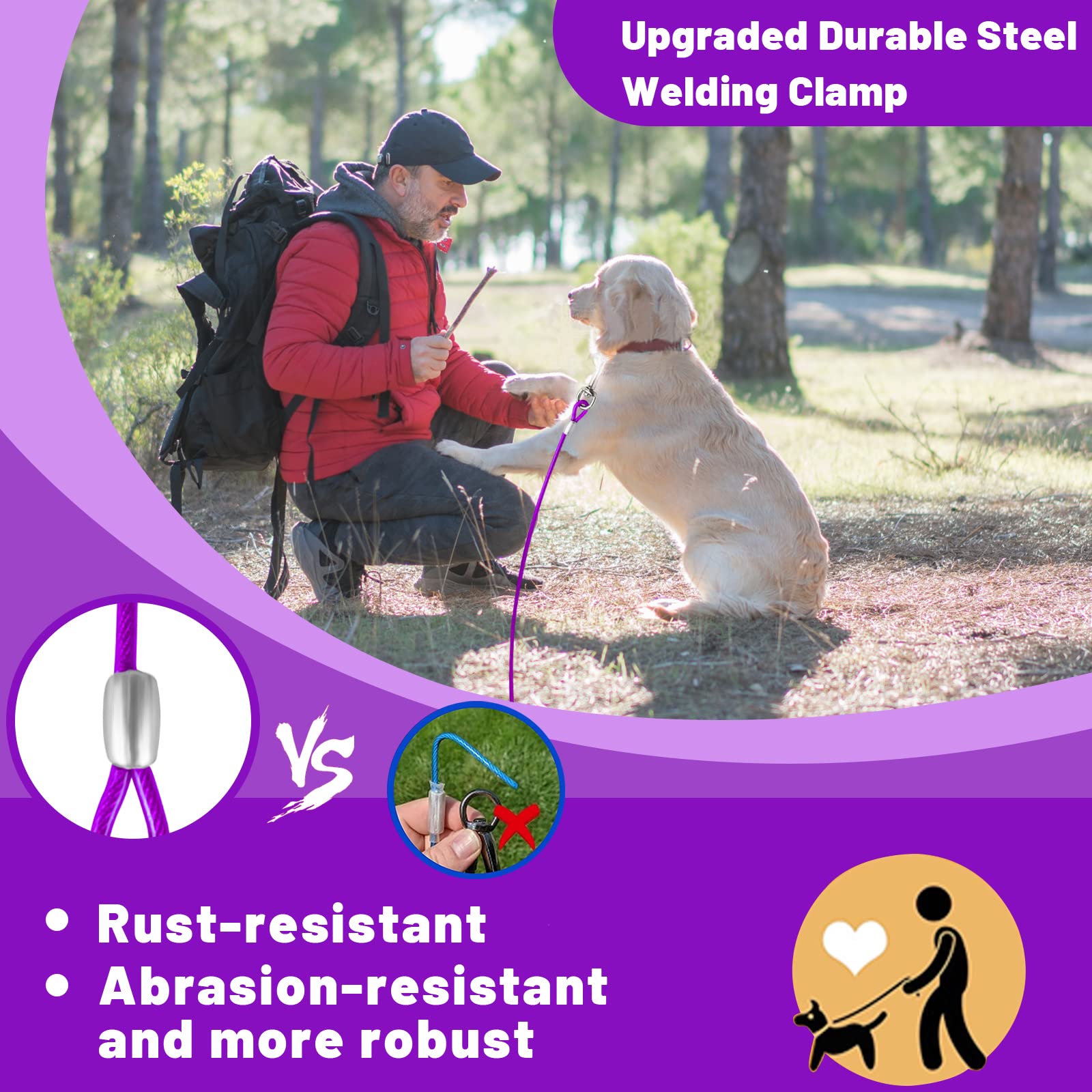 HaiYUAN Dog Tie Out Cable 10/15/20/25/30 FT Runner for Yard Steel Wire Cable with Durable Superior Clips Purple Chains for Outside Dog Lead for Large Up to 165 Lbs -Like New