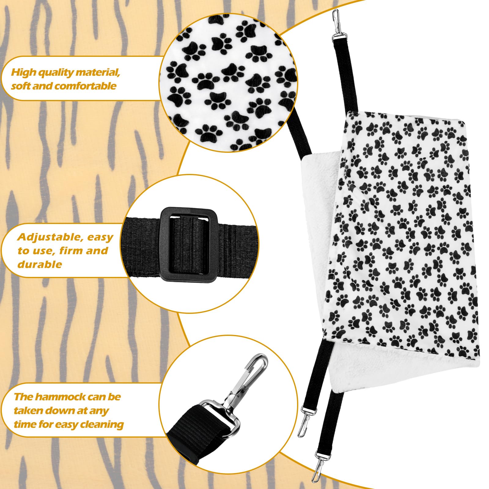 2 Pieces Reversible Cat Hanging Hammock Soft Breathable Pet Cage Hammock With Adjustable Straps And Metal Hooks Double-Sided Hanging Bed For Cats Small Dogs Rabbits (Zebra And Cat Paw Print, M)