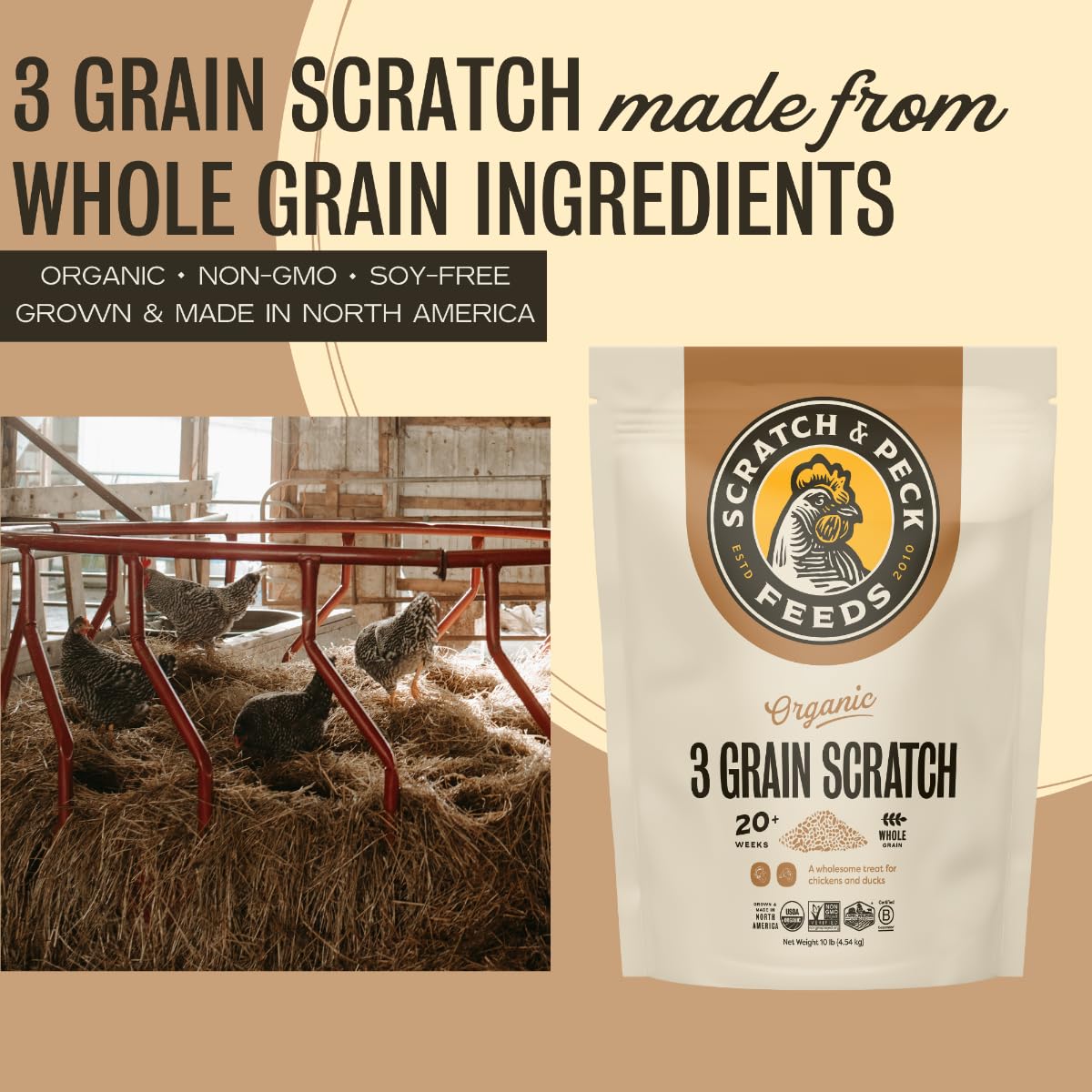 Scratch and Peck Feeds Cluckin Good 3-Grain Scratch for Chickens and Ducks - 10-lbs - Organic and Non-GMO Project Verified