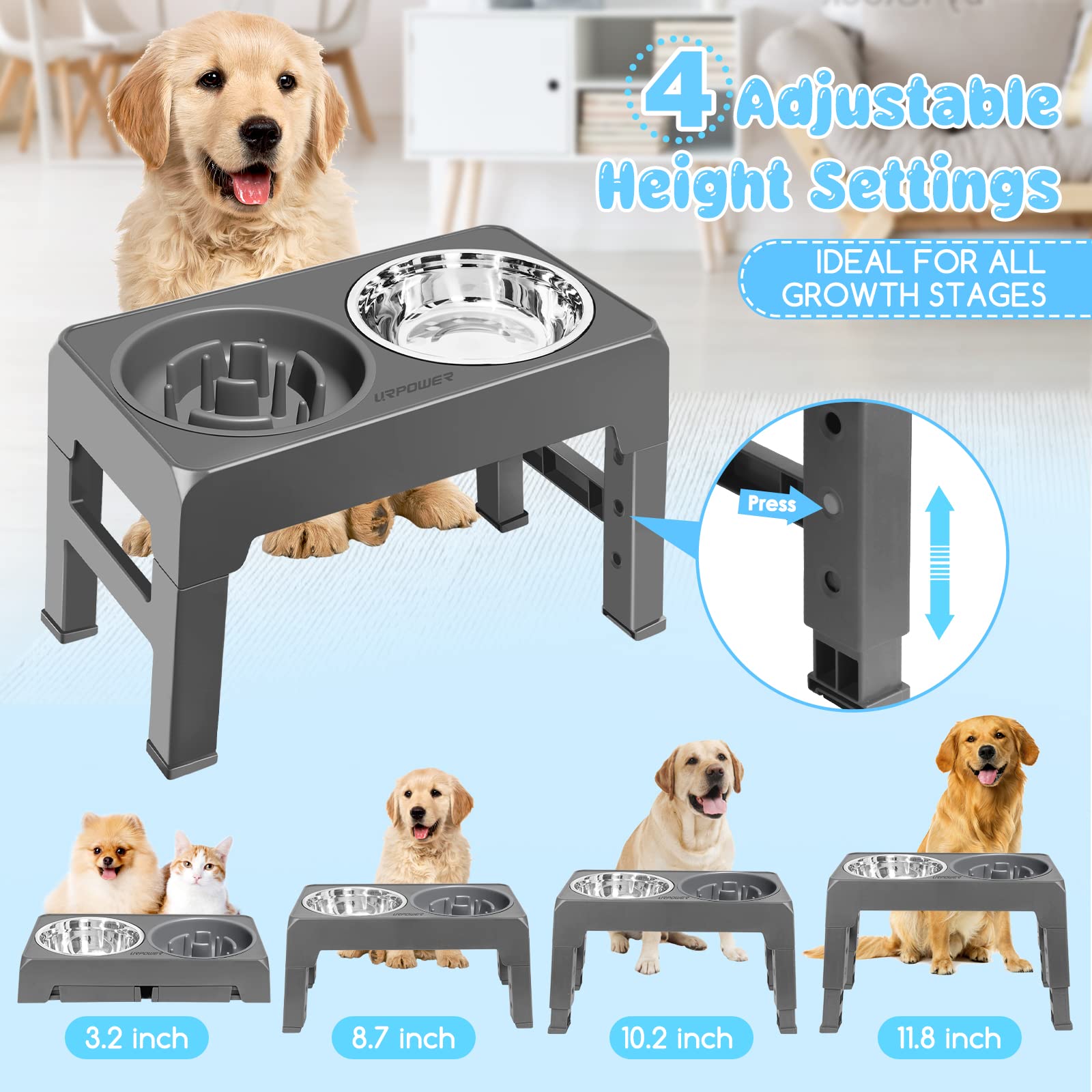 URPOWER Raised Slow Feeder Dog Bowls 4 Height Adjustable Elevated Dog Bowls with Stainless Steel Dog Water Bowl and Dog Slow Fee