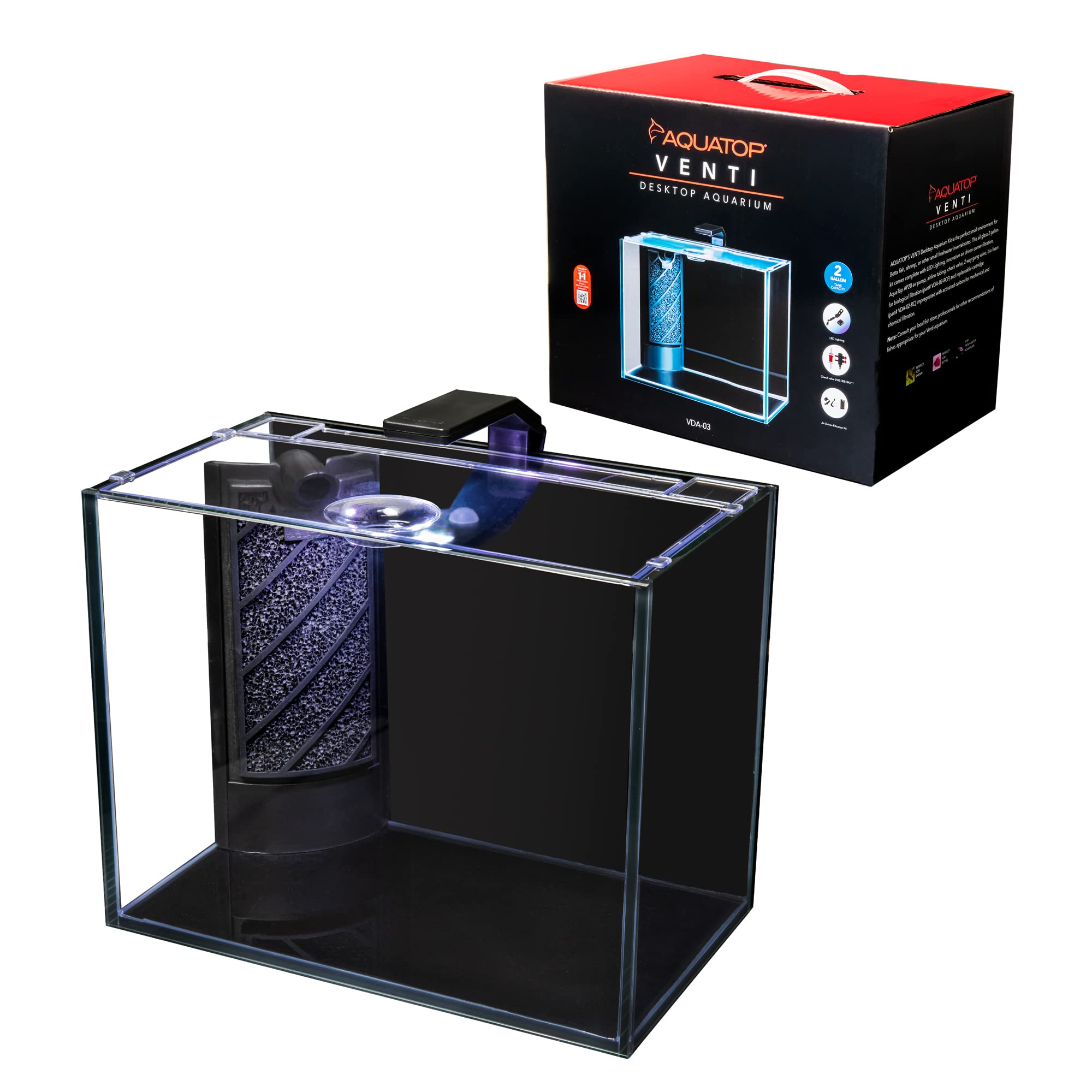 Aquatop Venti Professional Showcase Glass Aquarium Kit, 2-Gal – All-In-One Freshwater With Led Light - Breza Air Pump & Replaceable Filter Cartridge