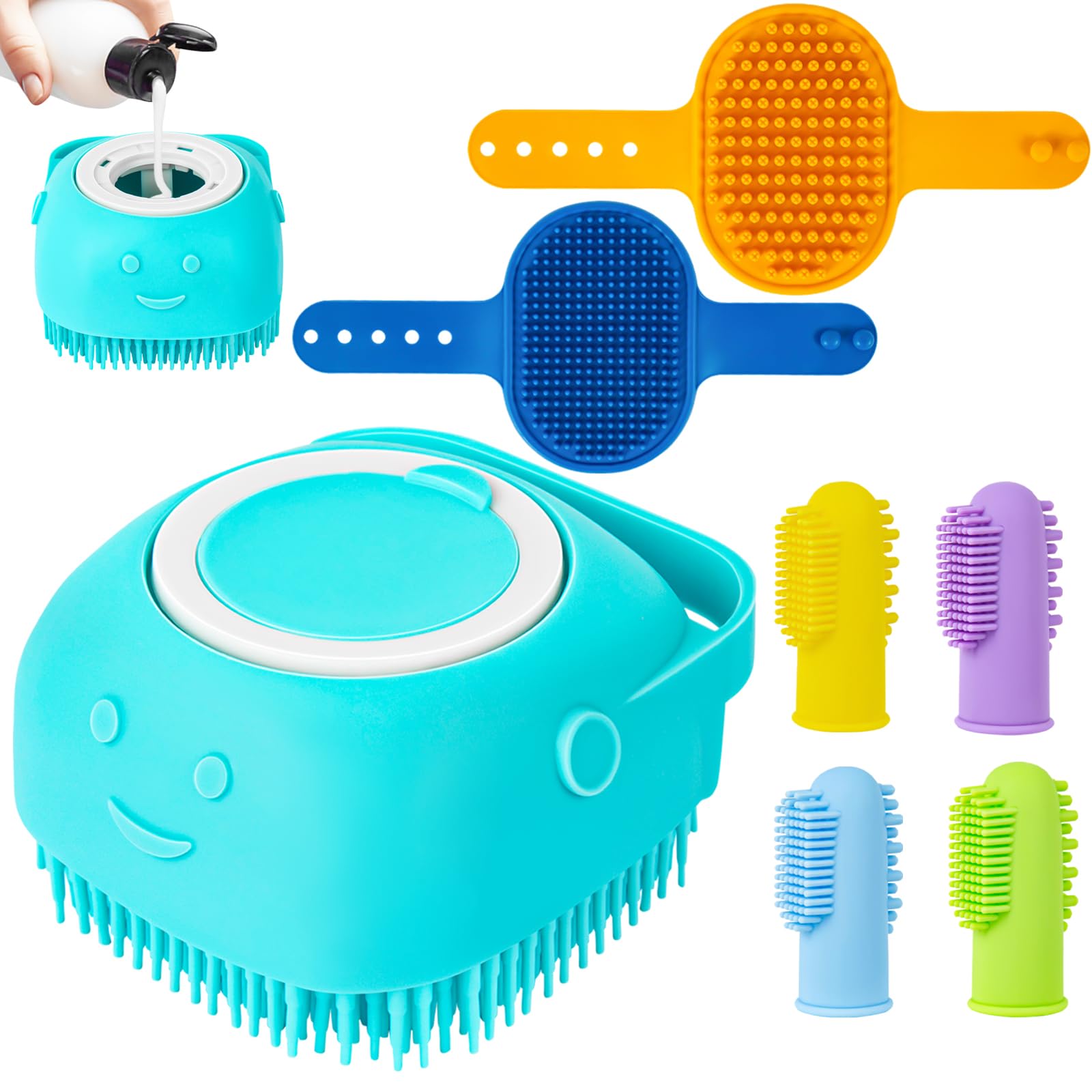 Ponpon 3PCS Dog Bath Brush with 4Pcs Toothbrush, Scrubber and Shampoo Brush with Adjustable Ring Handle, Shower Brush for Long a