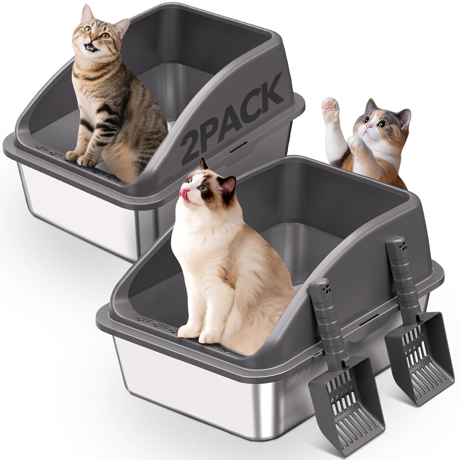 KITCATY 2PACK Stainless Steel Cat Litter Box, 20 L x 13.8 W x12 H Metal Kitty Litter Box with Lid, Never Absorbs Odors, Leak-Pro