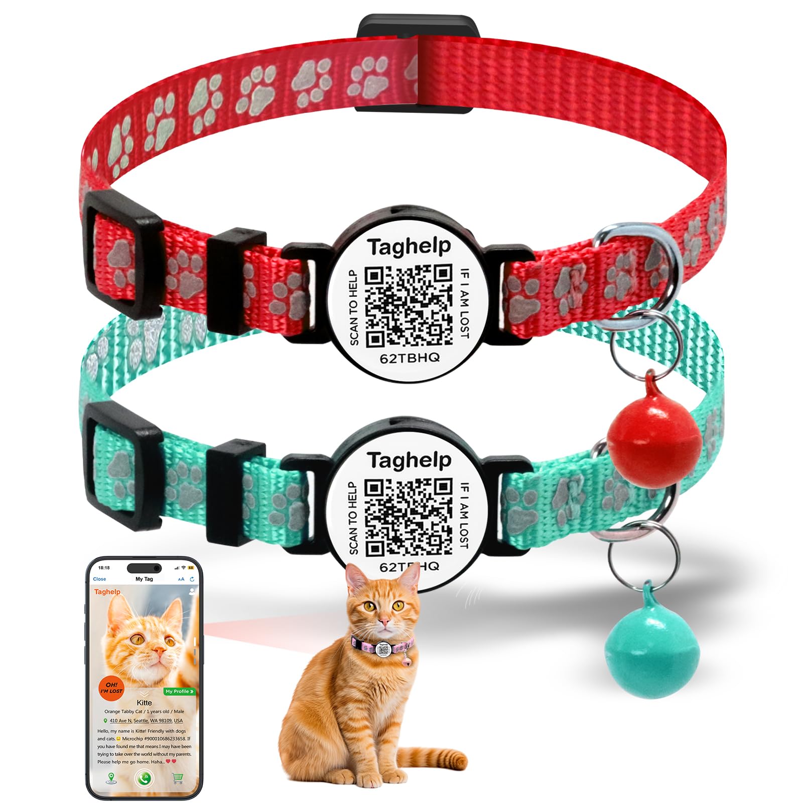 Taghelp Reflective Cat Collar Breakaway With Bells & Smart Id Qr Code Name Tag, 2 Pack Girl Boy Pet Cat Collar Adjustable 7.5-12