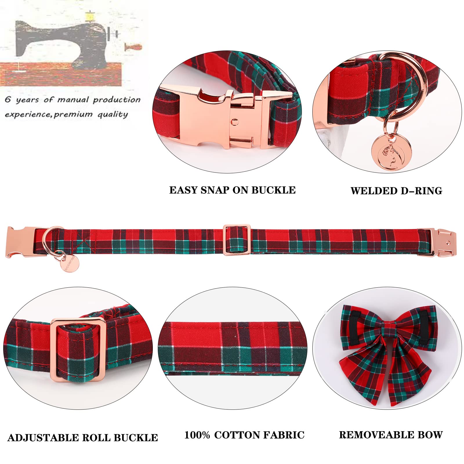 Dogwong Christmas Dog Collar With Sailor Bow Tie, Red Plaid, Cotton, Medium, S