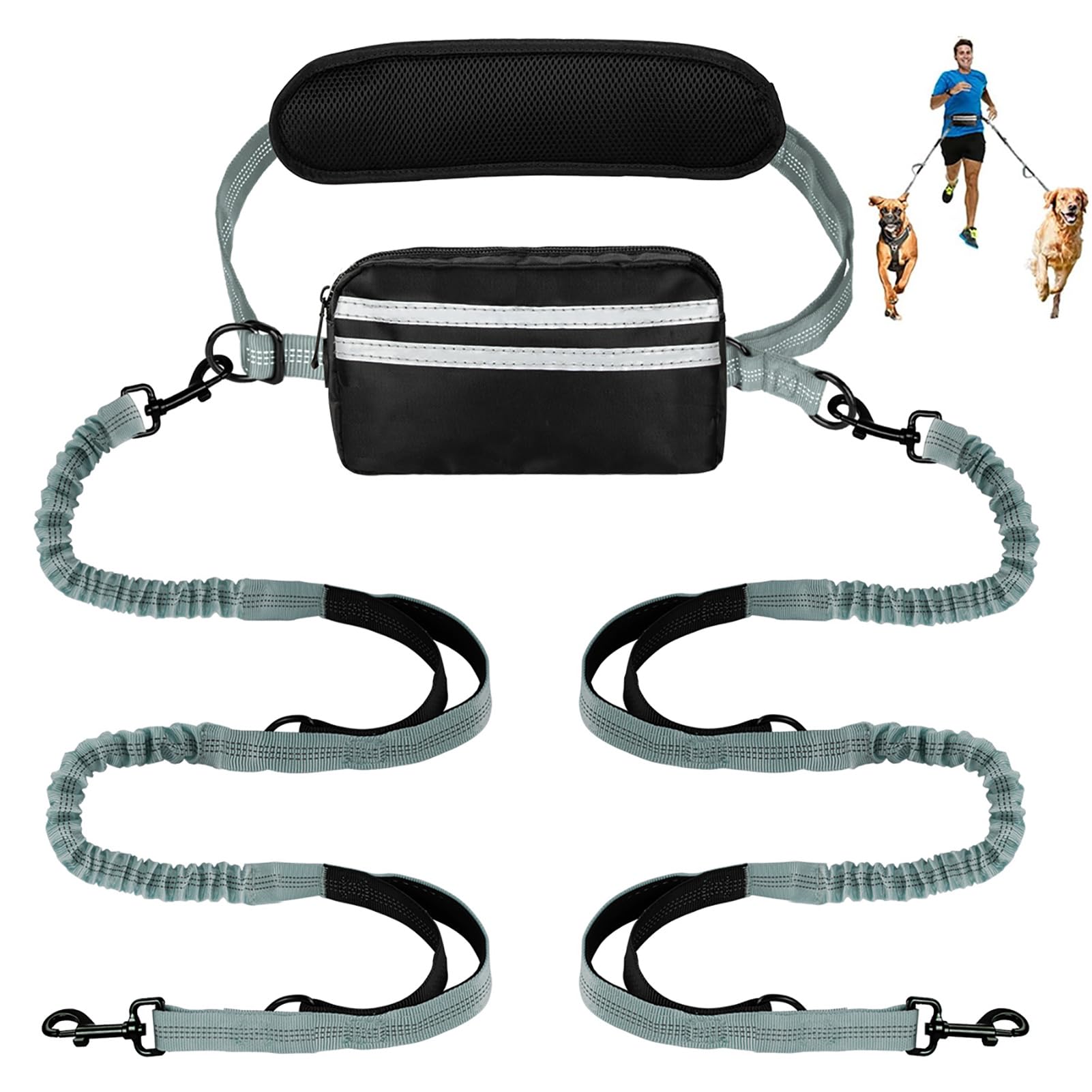 Yicostar Hands Free Dog Leash With Pouch, Double Leash For Two Dogs, Retractable Bungee With Double Padded Handles, Dog Waist Le
