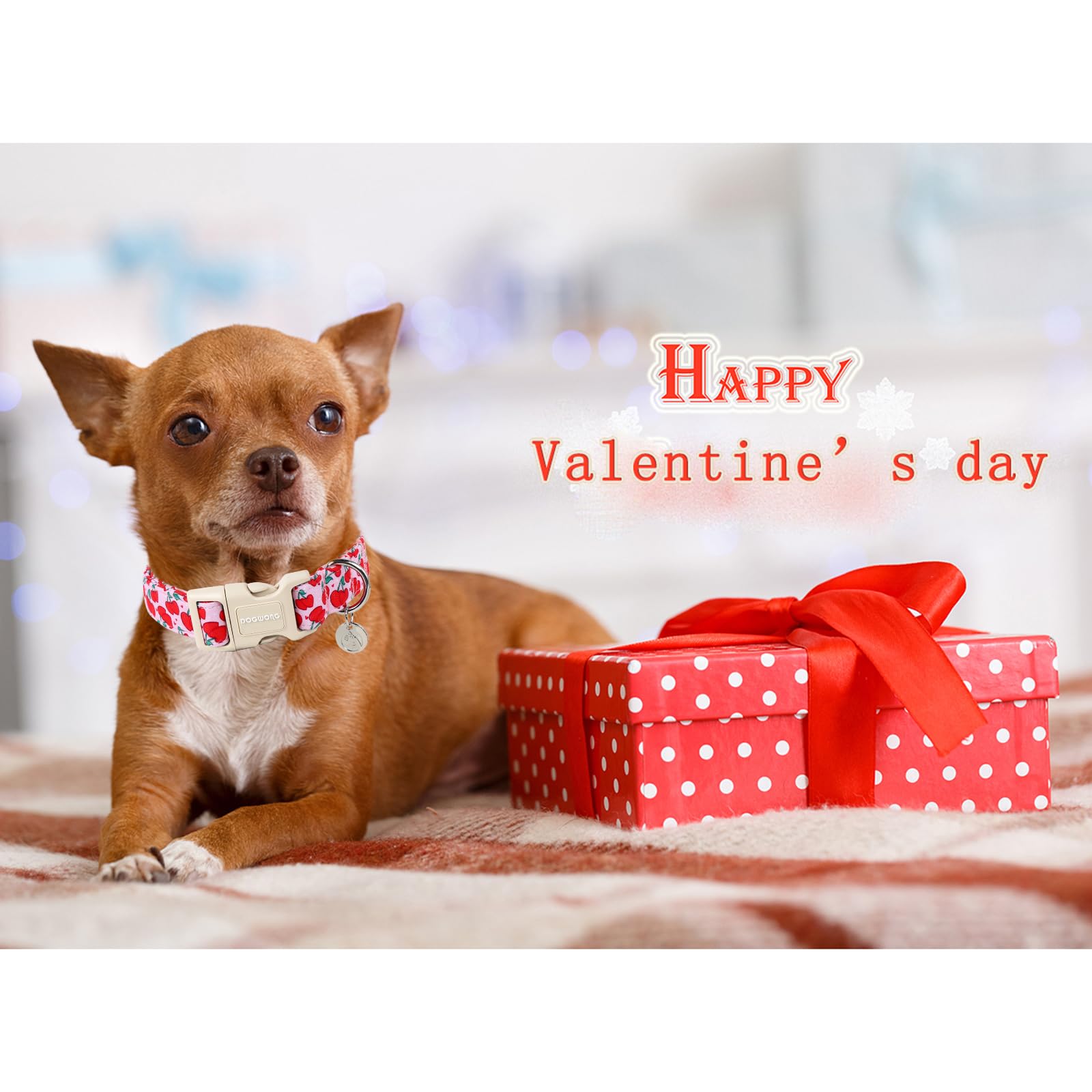 Dogwong Pink Heart Cherry Dog Collar Adjustable Soft Natural Fabric Girl Pet Dog Collar Cute Heart Valentine Puppy Necklace For