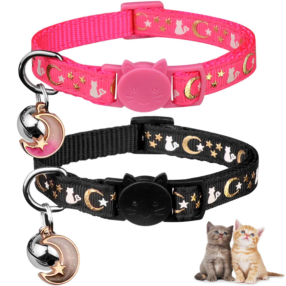 2Pcs Breakaway Cat Collars With Bell Cute Kitty Glow In The Dark Adjustable Kitten Collars 7.9-13.0 Inch(Black&Pink)