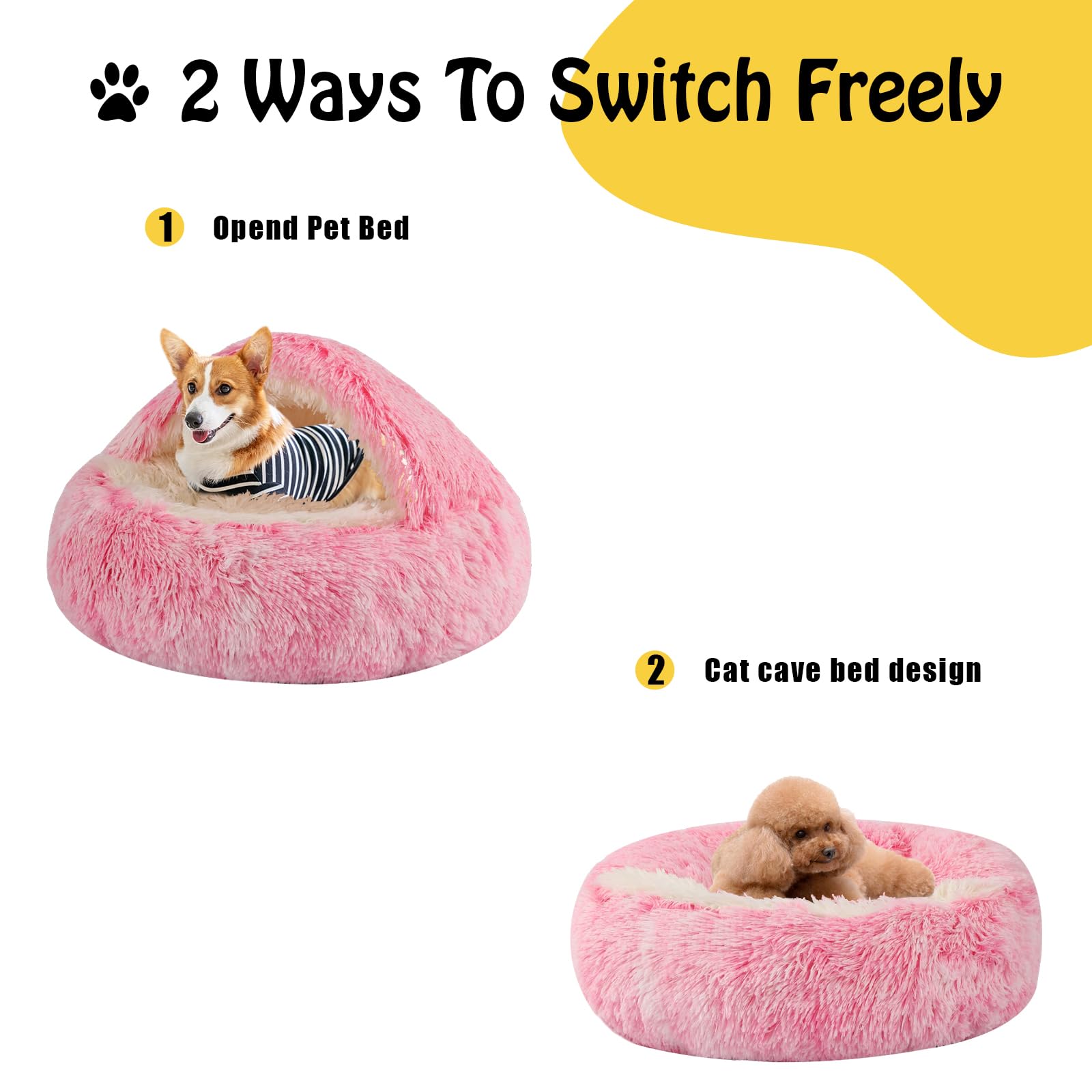 Round Hooded Cat & Dog Bed Cave, Faux Fur Cuddler - Donut Bed Fits Up To 5 Lbs Pets (Pink, 16'' X 16'')