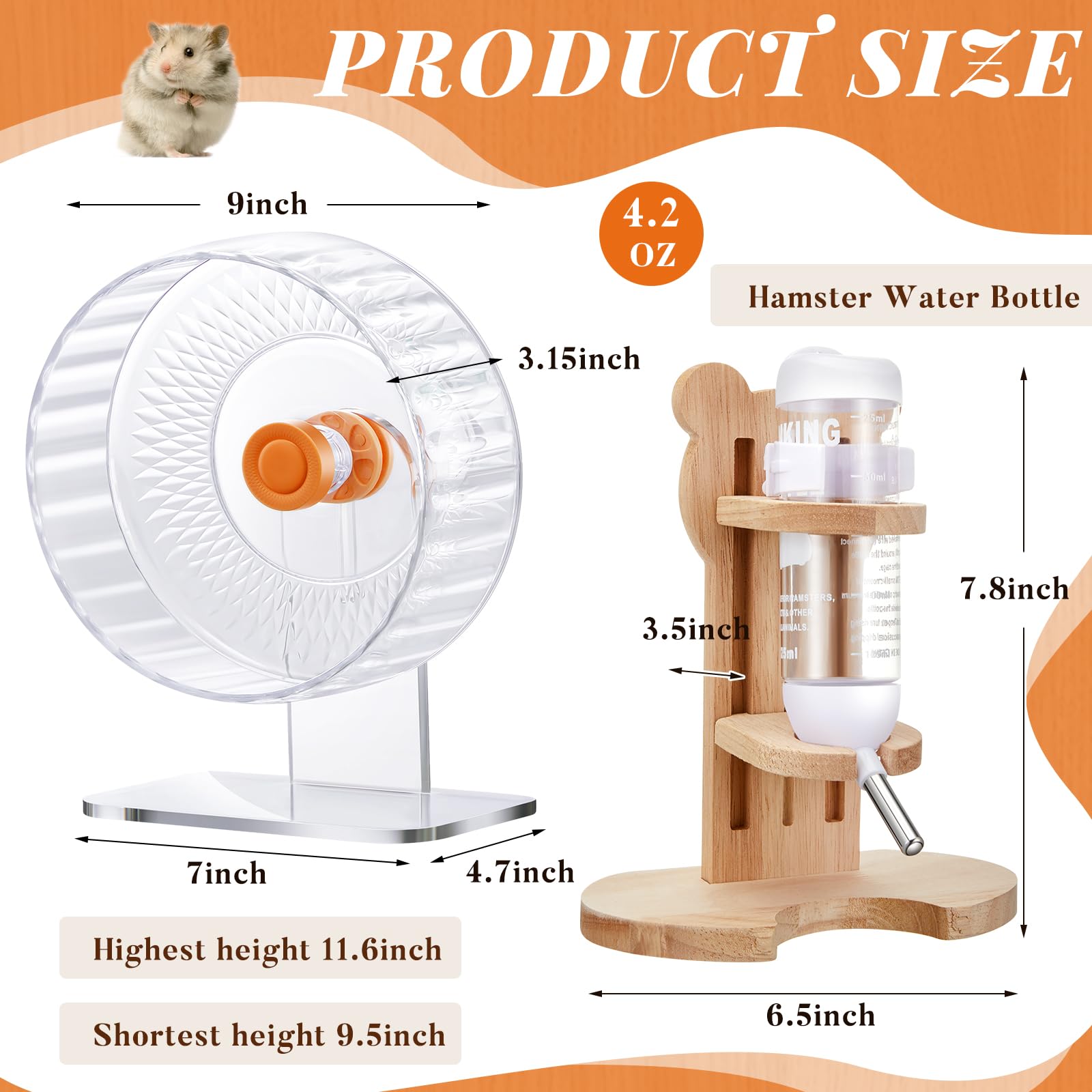 Sonwyoung 2 Pcs 9 Inch Transparent Adjustable Silent Hamster Exercise Wheels And Hamster Water Bottle Set Guinea Pig Running Whe