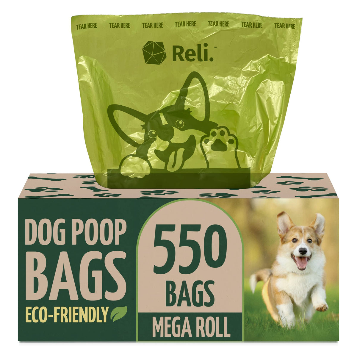 Reli. Biodegradable Dog Poop Bags (550 Count, Bulk) (Large Single Roll - Dispenser Box) | 9x13'' Large Dog Bags for Poop | Green