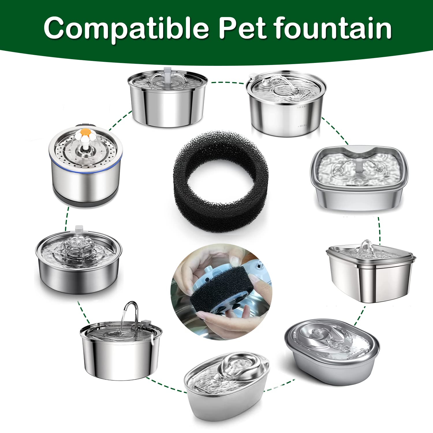 Cat Water Fountain Filters, Cat Fountain Replacement Filters For 2.0L/67Oz Automatic Pet Water Dispenser,Pet Water Fountain Replacement Filters Package(Sponge 8 Pack)