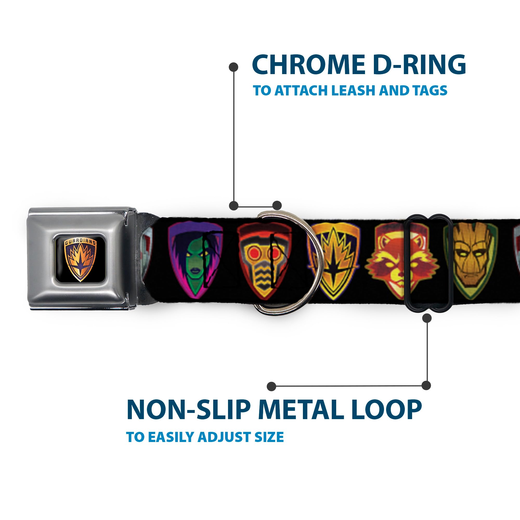 Buckle-Down Dc-Wmc111-Wl Seatbelt Dog Collar, Wide Large, Guardians Of The Galaxy Badge/5-Character Icons Black/Multi Color