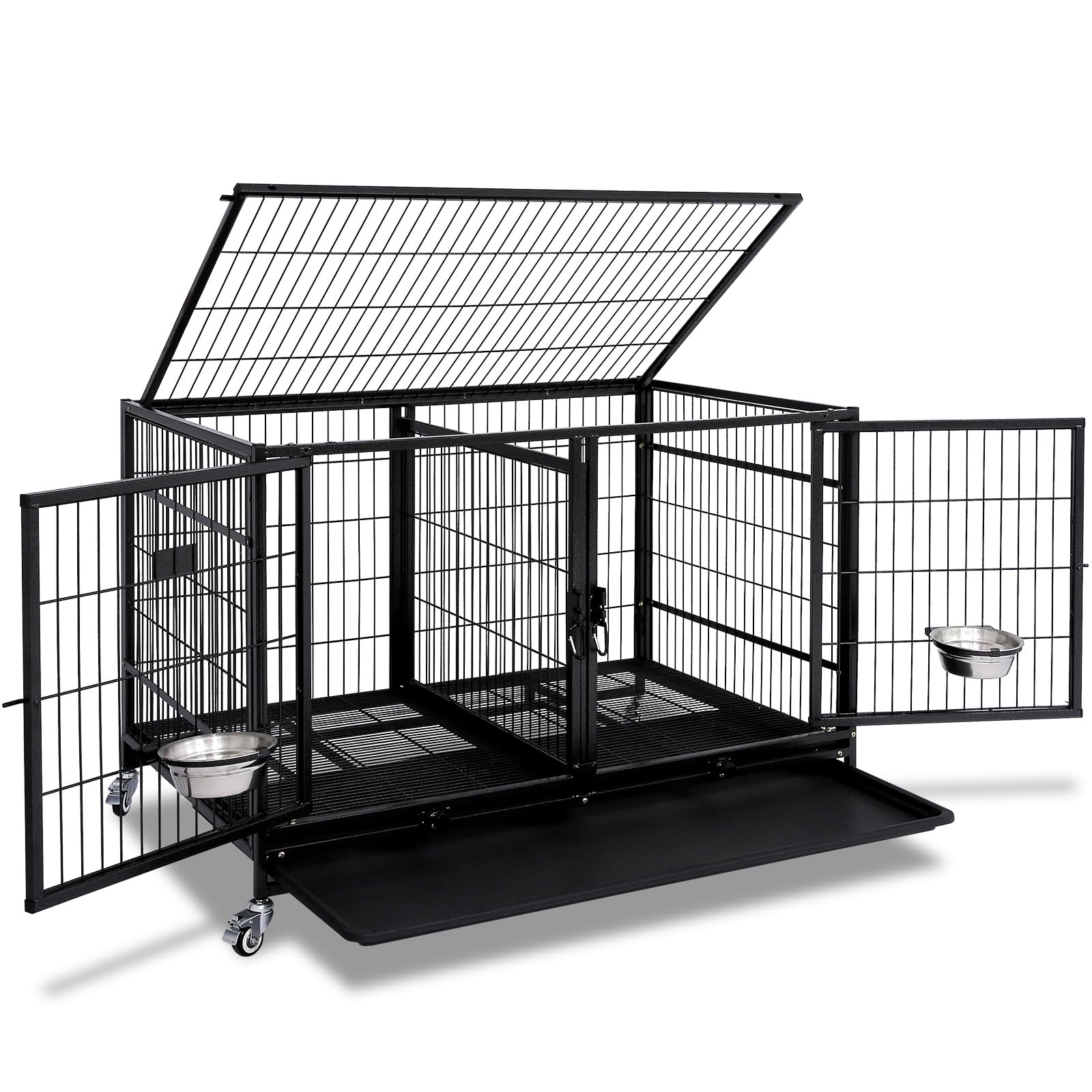 Homey Pet 43 Inch Metal Open Top Stackable Heavy Duty Dog Cage Kennel with Three Door, Metal Floor Grid, Tray, Wheels, Divider a