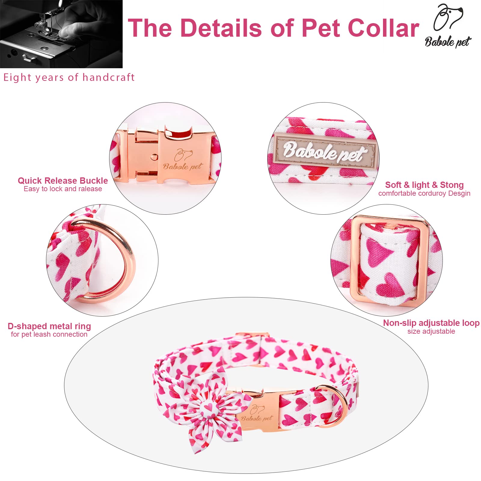 Babole Pet Valentine'S Day Dog Collar With Flower Tie, White Red Love Male Dog Collar With Safety Metal Buckle Adjustable Puppy Collars For Small Medium Large Boy & Girl Dog,Xs-Neck 8'-12'