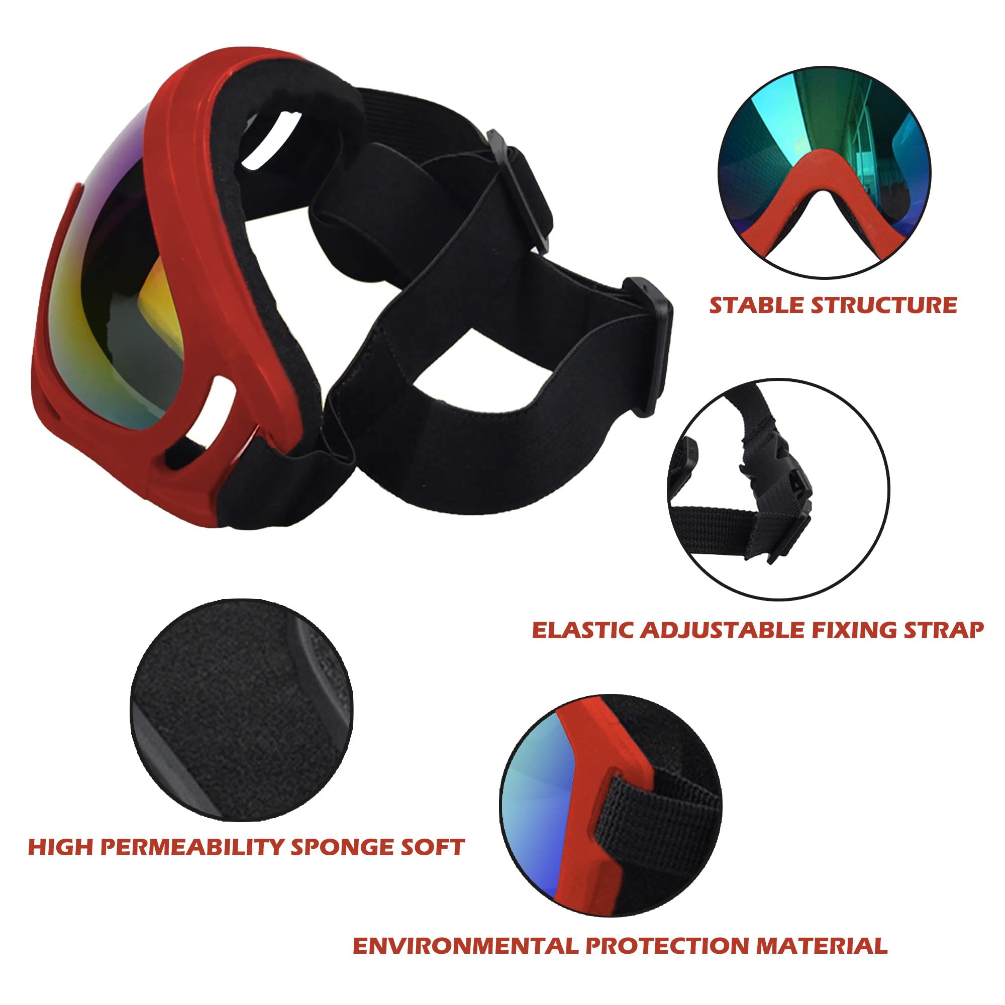 Winproof Adjustable Strap Dog Sunglasses, Uv Protection, Soft Goggles (Red Frame)