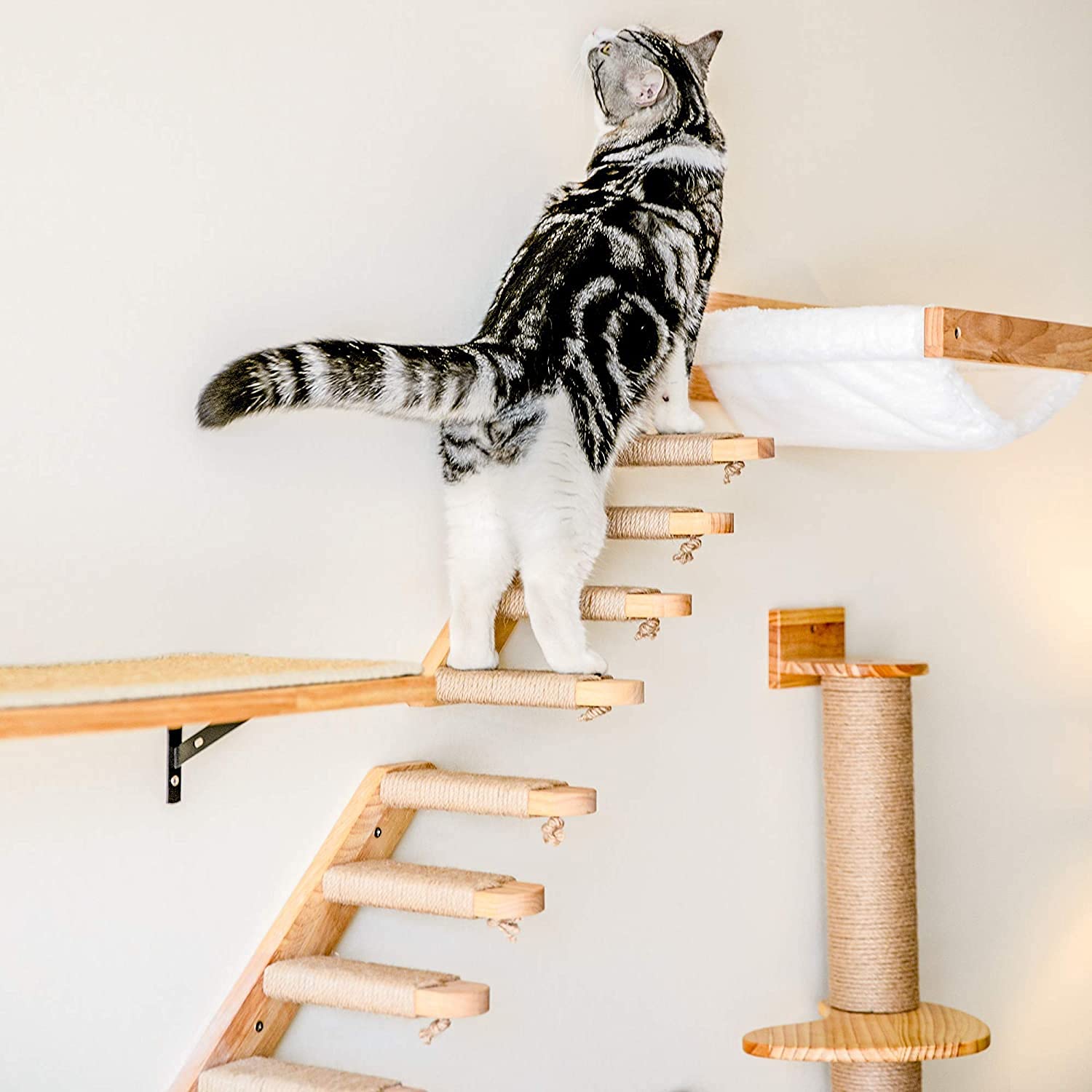 Fukumaru Cat Hammock Wall Mounted, Kitty Beds And Perches, Wooden Cat Wall Furniture, Stable Cat Wall Shelves For Sleeping, Playing, Climbing, And Lounging, White Flannel Cat Shelves