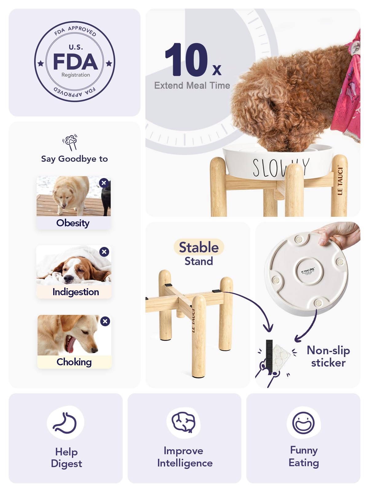 Ceramic Slow Feeder Dog Bowls Elevated For Small And Medium Breed, With Wooden Stand, 1.5 Cups To Slow Down Eating, Anti-Gulping