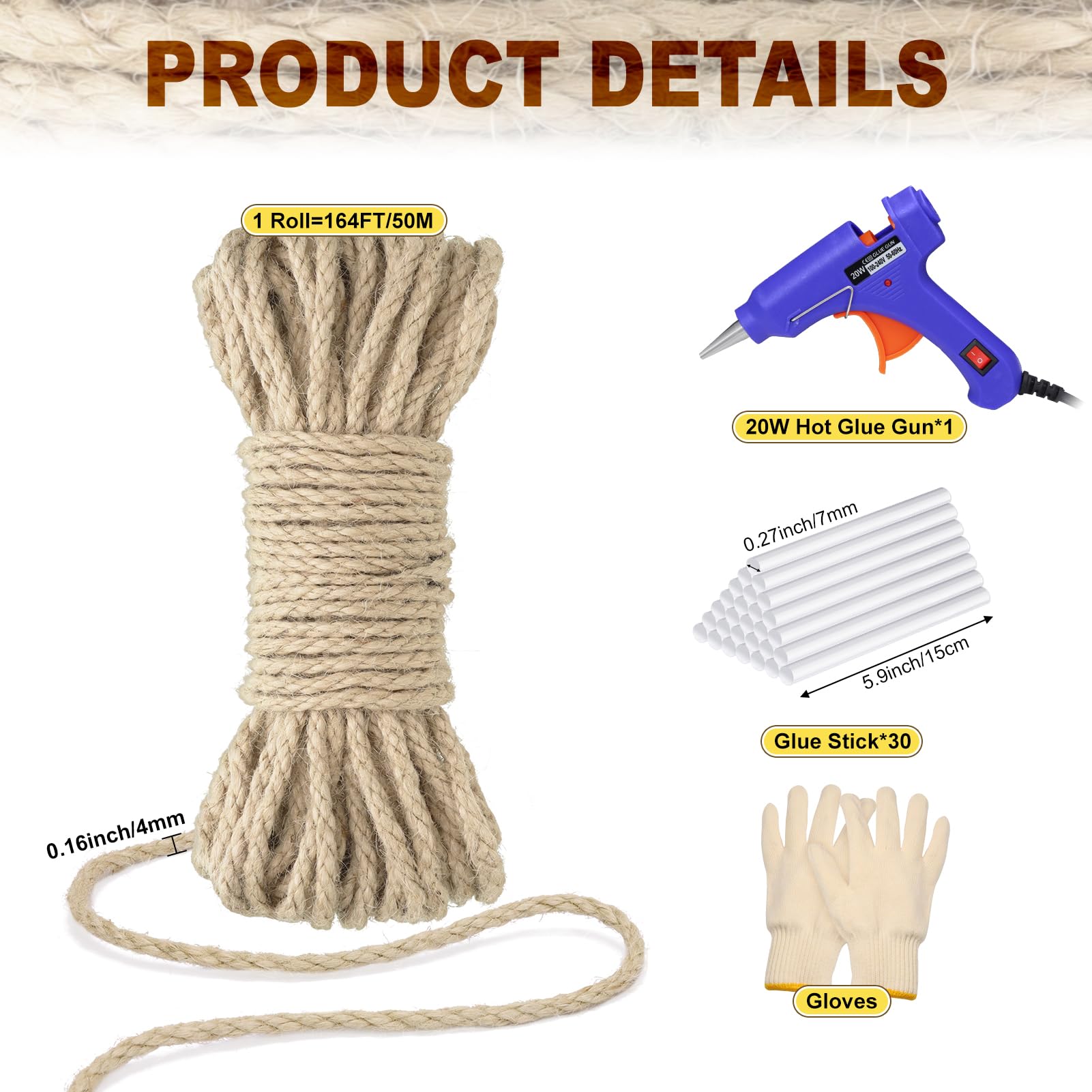 164 Ft Sisal Rope For Cat Scratcher Kits, 4Mm Natural Hemp Twine Rope Replacement For Cat Scratching Post Repairing Scratcher Ca