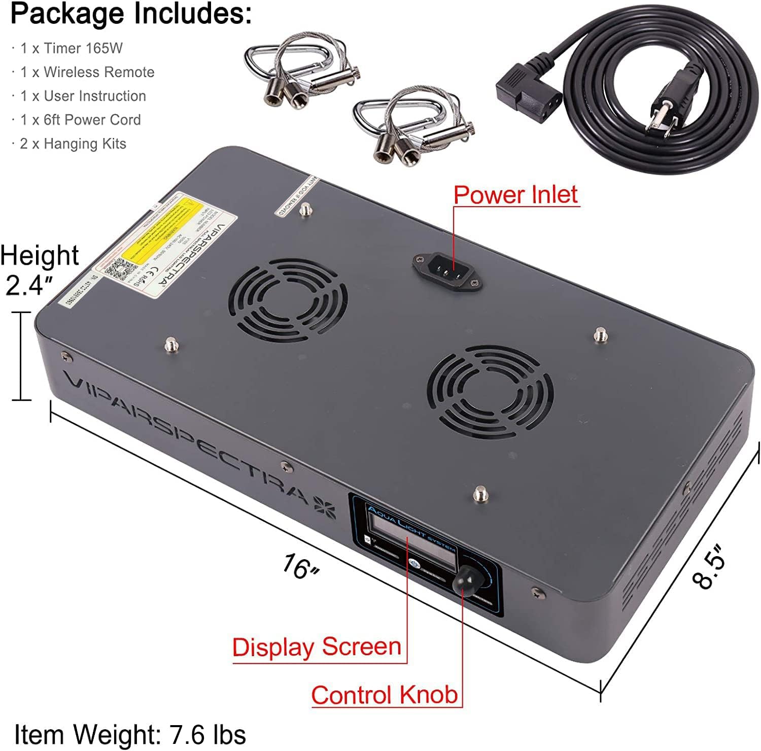 Viparspectra 165W Led Aquarium Light Dimmable Full Spectrum Led Reef Lights For Coral Saltwater Fish Tank, Remote/Timer Control, Programmable Auto On/Off, Blue/White Dual Channel Brightness 0-100%