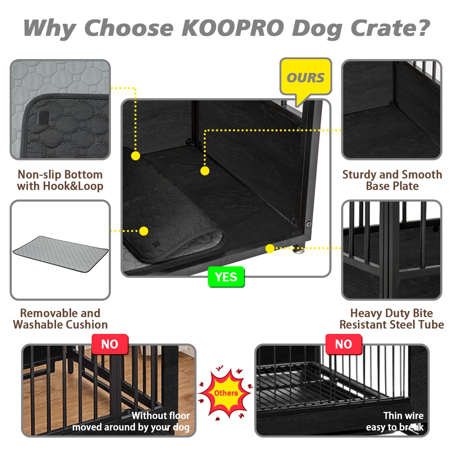 KOOPRO 40" Wooden Dog Crate Furniture, Black, Heavy Duty with Double Doors, Indoor Decorative Pet House, Model KO241101-BK00-01