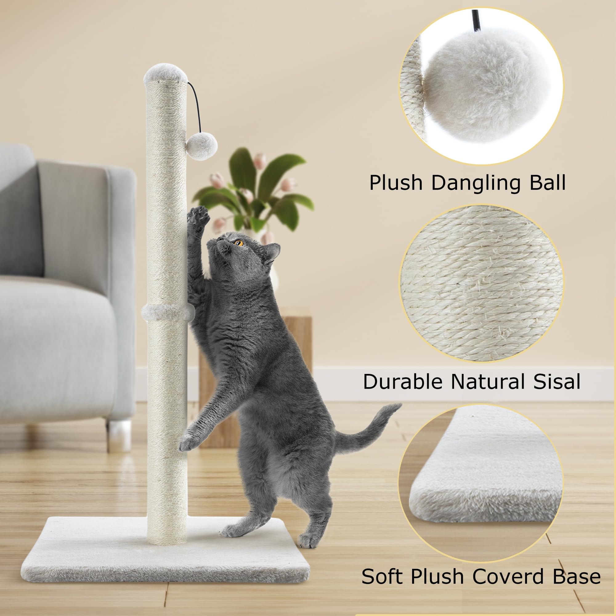 Dimaka 34' Tall Cat Scratching Post For Indoor Cats And Kittens, Cat Activity Scratcher Premium Sisal Rope Scratch Tree (Beige)