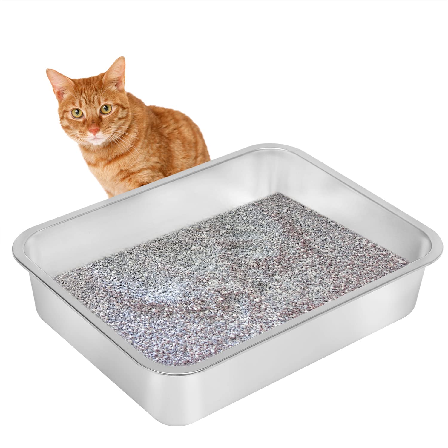 Kichwit Stainless Steel Cat Litter Box, Kitten Litter Tray, Metal Cat Litter Pan, Non Stick Smooth Surface, Easy To Clean (17.5' L X 13.5' W X 4' H)