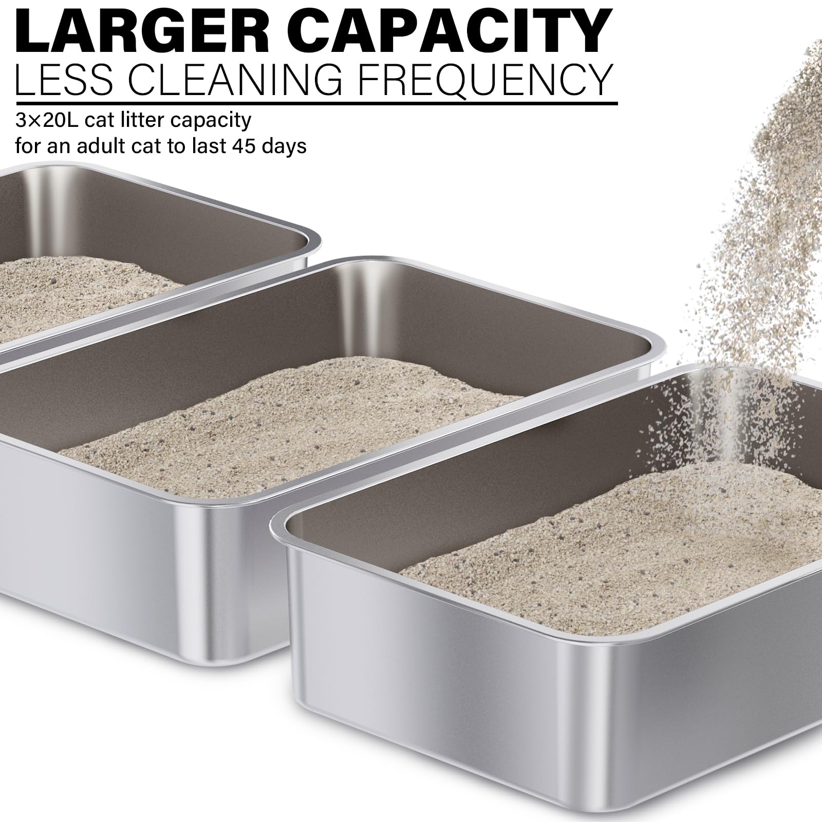 Holintan Stainless Steel Litter Box 3 Pack, 23.6'' X 15.7'' X 6'' Extra Large Cat Litterbox No Smell, Xl Metal Litter Box For Bi