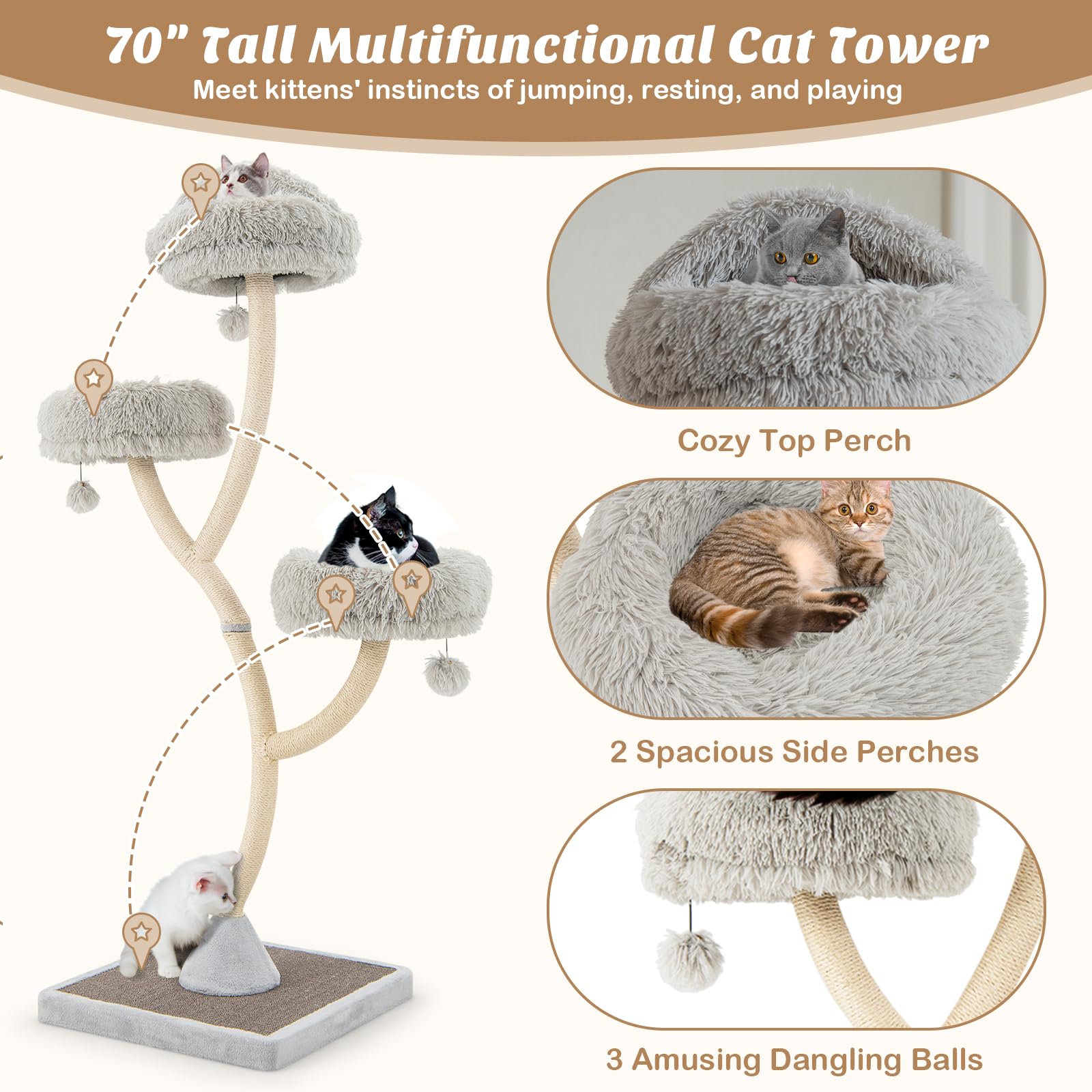 PETSITE 70" Tall Cat Tree - Multi-Level Tower with Scratching Posts, 3 Cozy Perches, Grey, Large for Cats 20 lbs+ - Model PTSN10102CT