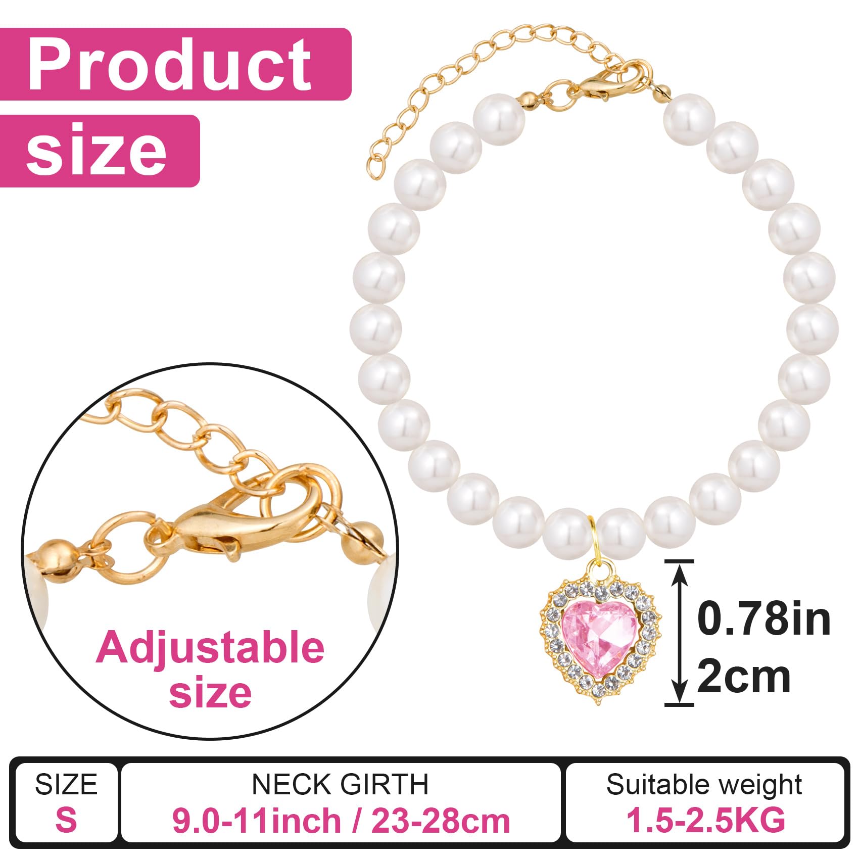 Mxxipp 2Pcs Pearl Collar For Cat Puppy, Small Cute Heart Shape Rhinestone Pet Necklace, Adjustable Wedding Party Pet Jewelry Acc