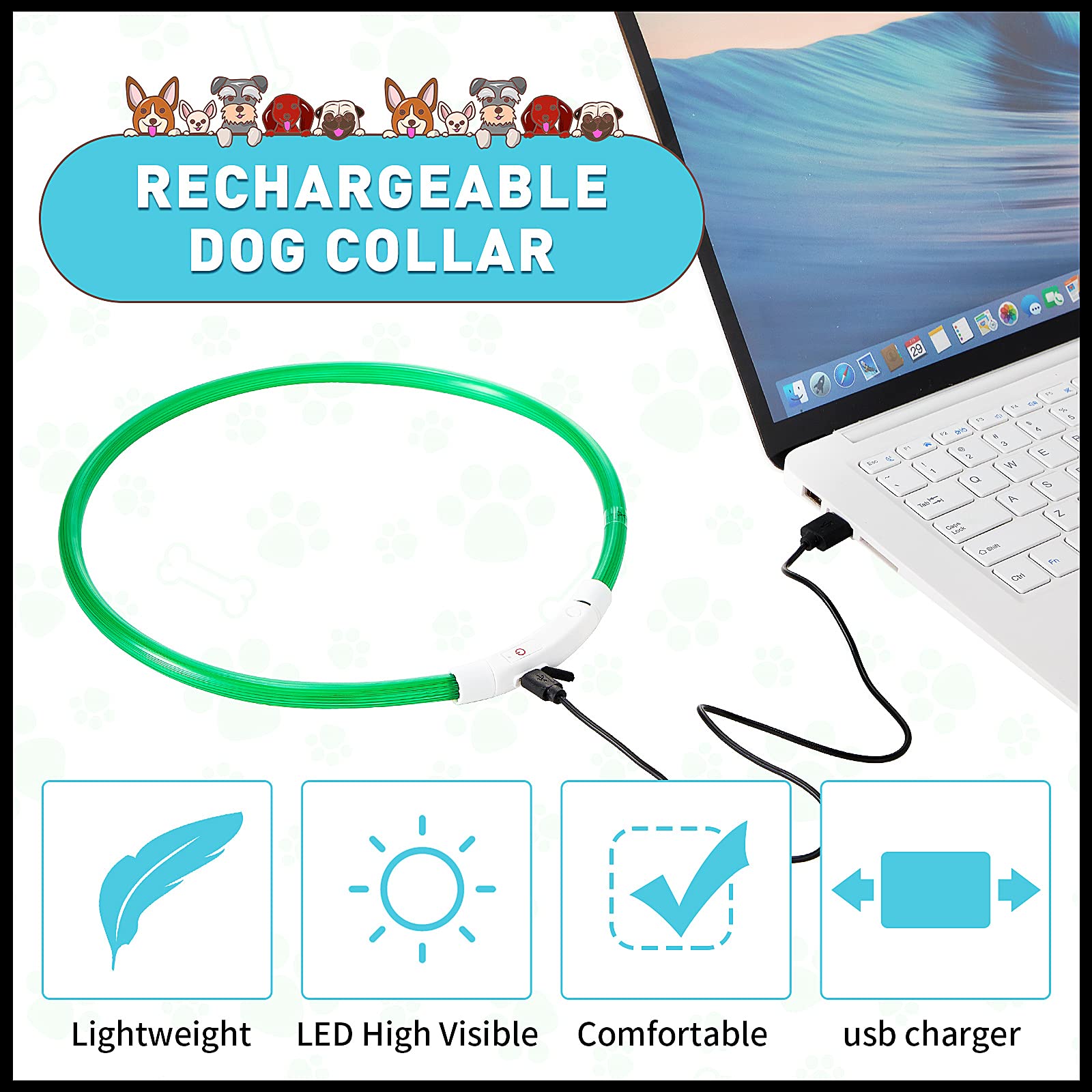 Frienda 4 Pcs Dog Collar Led Usb Rechargeable Lights Dog Necklace Collars Doggy Lights For Night Walking Adjustable Safety Lamp