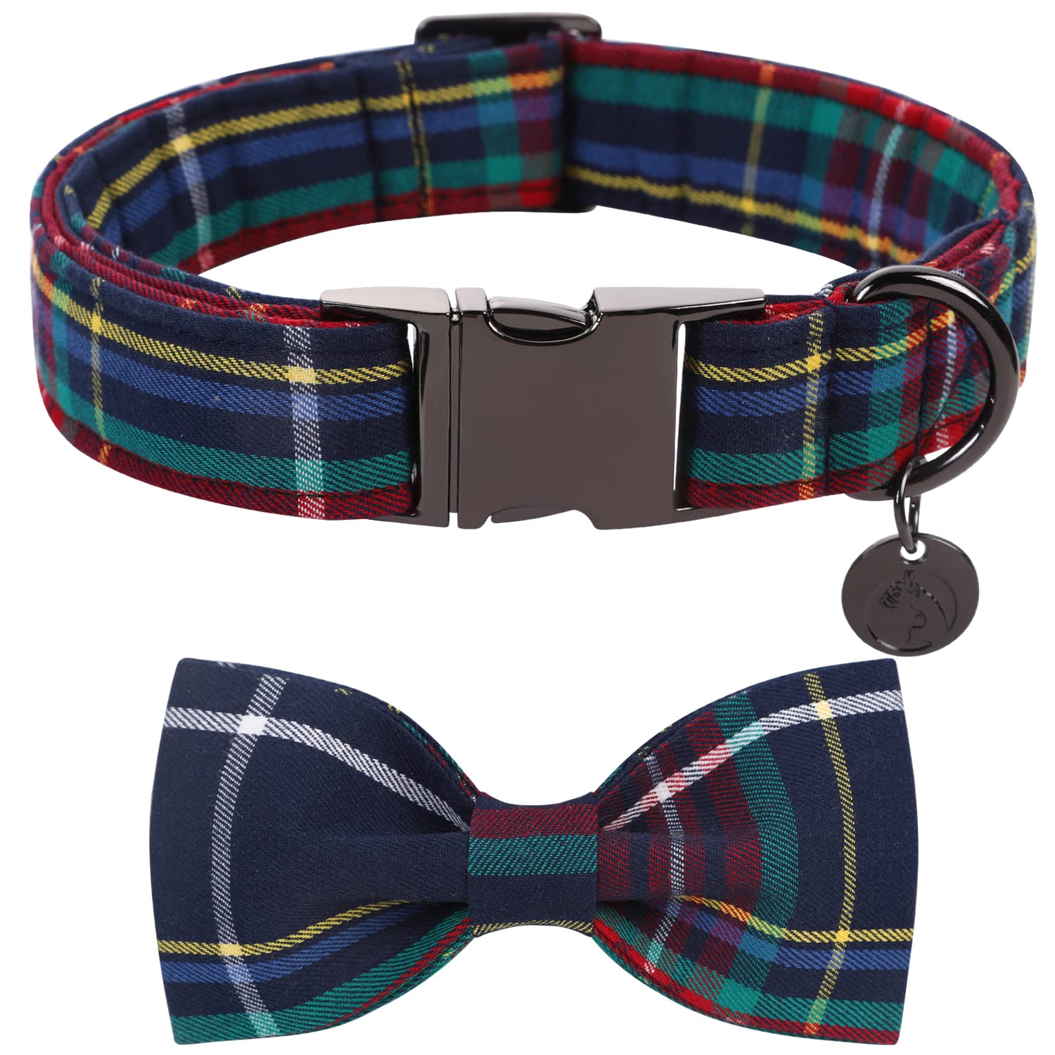 Dogwong Christmas Dog Collar With Bow Tie, Red Blue Plaid Gingham Dog Collar Soft Durable Adjustable Cotton Blue Tartan Puppy Co