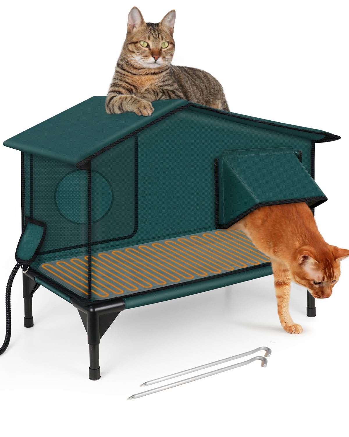 Highly Sturdy Heated Cat House For Outside Cats In Winter, Safe Escape Door, 100% Waterproof Awning, Elevated Feral Cat House Sh
