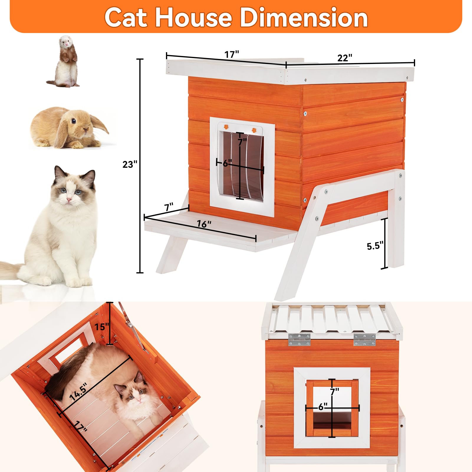 Petsfit Cat House Outdoor, Insulated High Feet + Feeding Station +Door Curtain, Wood Outside Cat House, Bunny Rabbit Hutch Orange