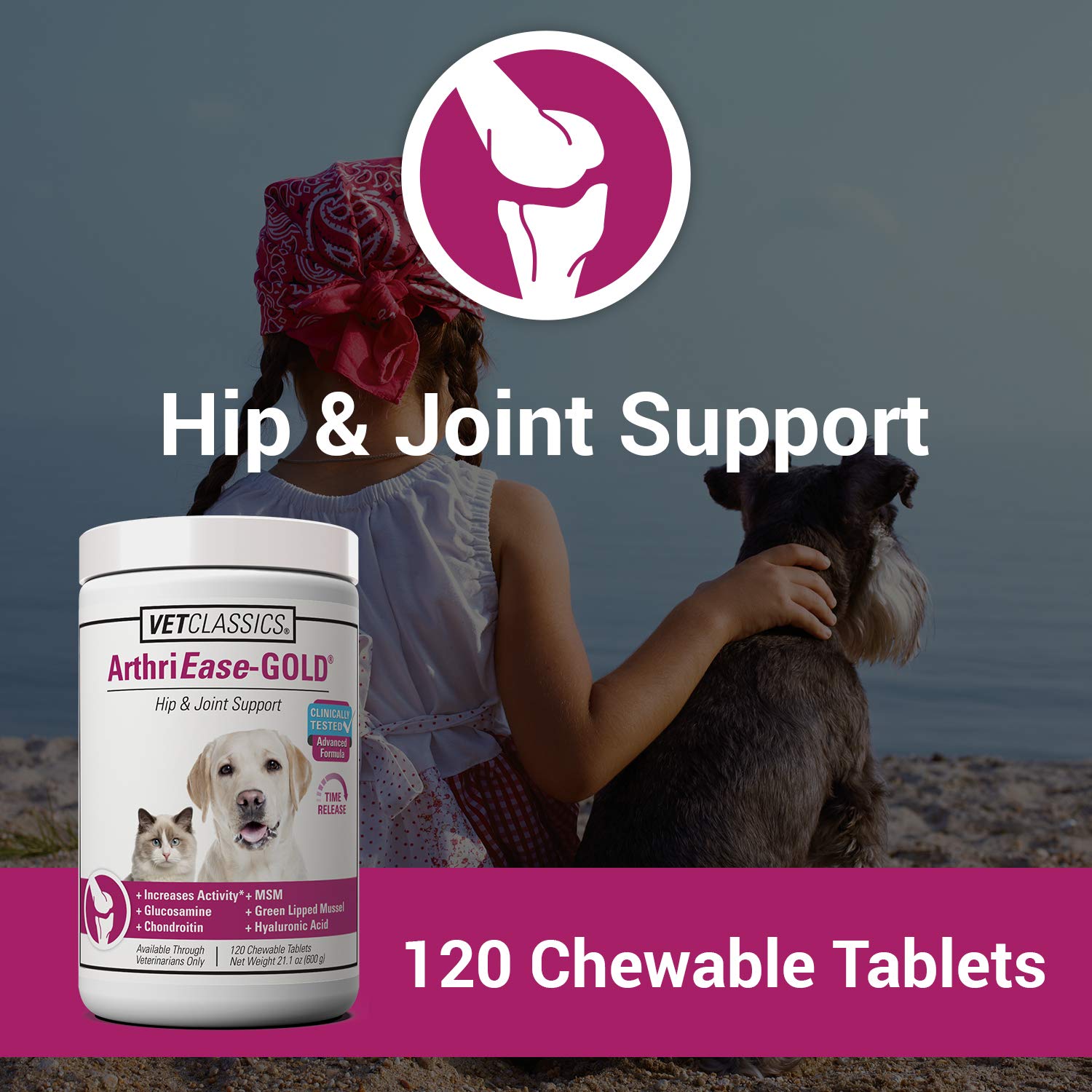 Vet Classics ArthriEase-Gold Hip & Joint Support for Dogs, Cats, Horses - Chewable Tablet Health Supplement - Alleviate Aches, D